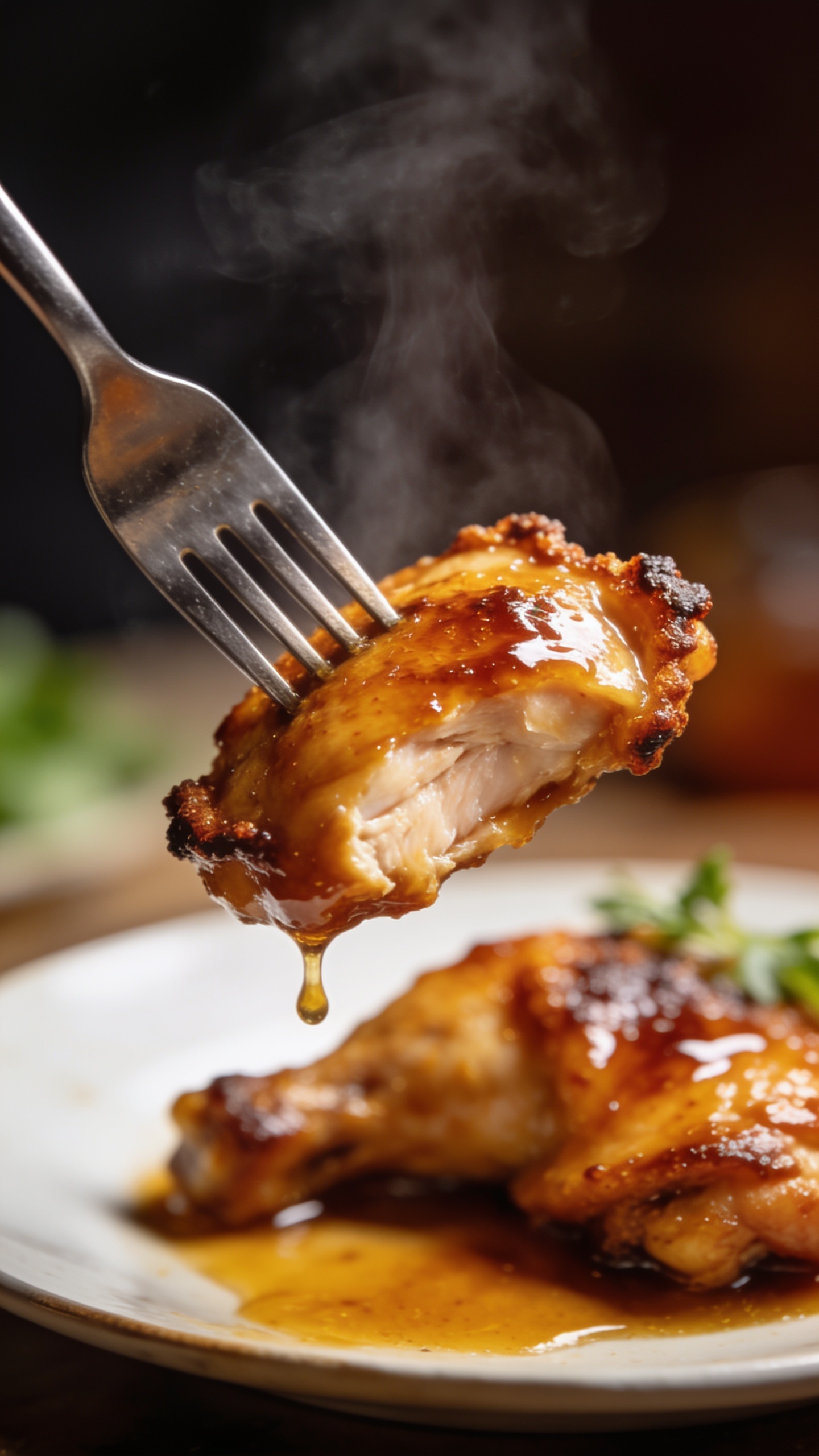 A dynamic close-up action shot capturing the moment just before a perfect bite: a fork lifting a juicy, glossy chicken thigh with hot honey glaze, sauce dripping slightly, crispy edges visible, steam rising, shallow depth of field focusing on the bite, plate and garnish in soft background blur; no hands or people, food filling 90–95% of frame.