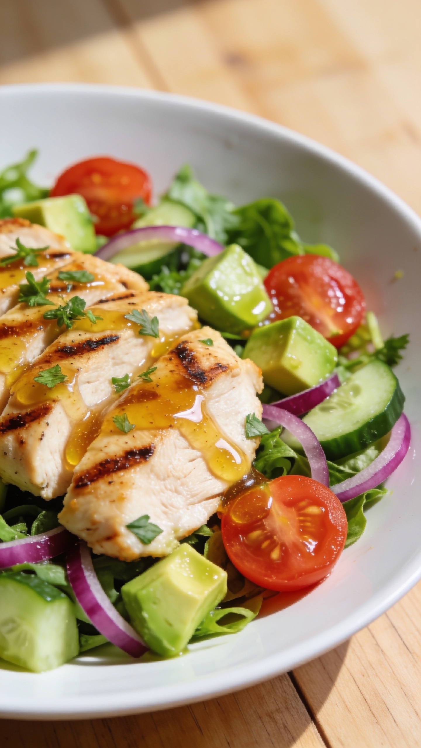 A stunning hero shot of the finished High Protein Grilled Chicken Avocado Salad plated on a pristine white dish, with vibrant greens, diced avocado, halved cherry tomatoes, cucumber, red onion, and a glistening honey lime vinaigrette. The plate sits on a light wooden table with natural sunlight, no utensils visible, ultra-close-up,  extreme shallow depth of field, 90–95% frame fill, glossy textures and fresh herbs scattered for color punch.