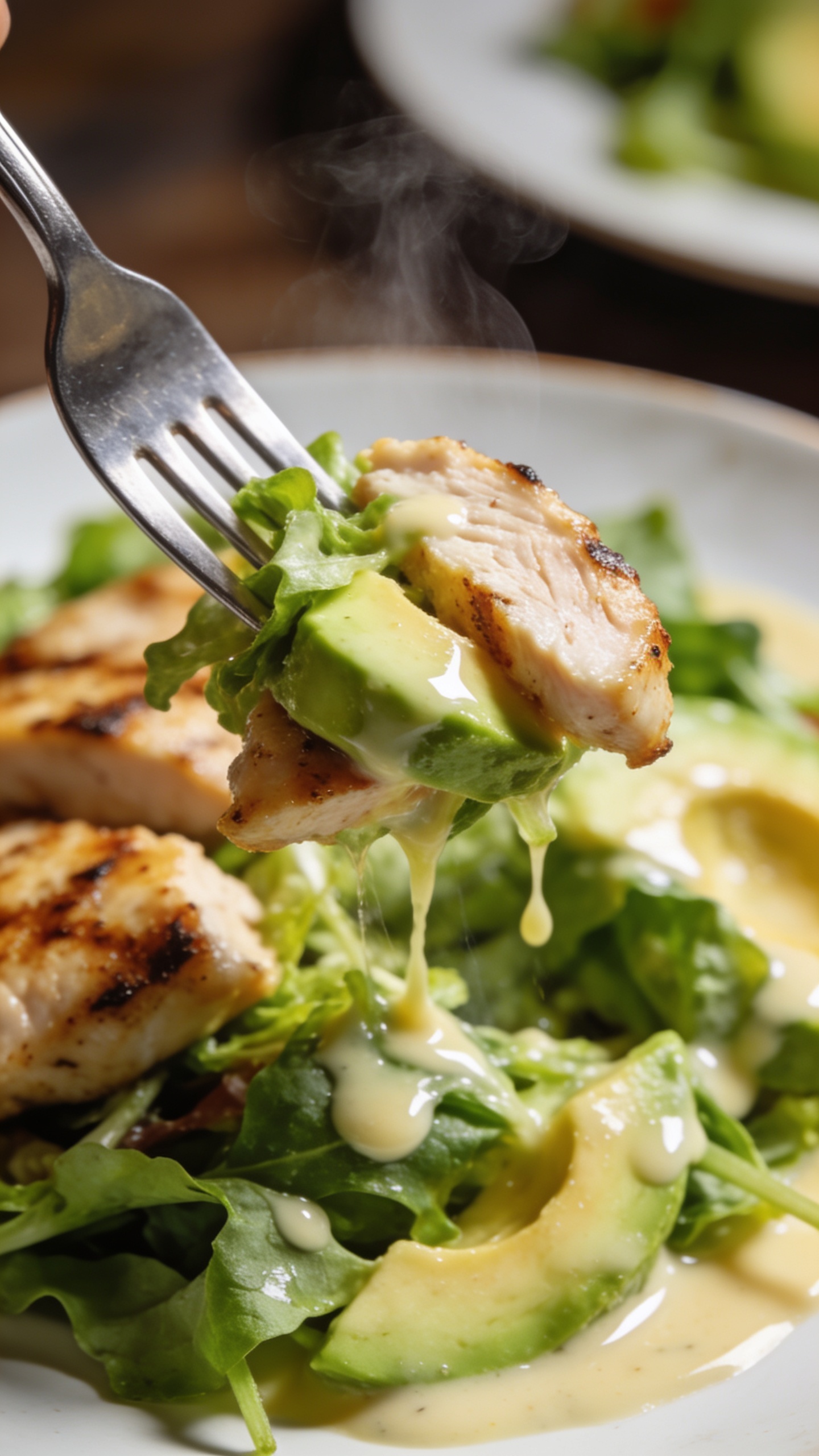 A dynamic close-up action image capturing the moment just before a perfect bite, using a fork lifting a juicy bite of grilled chicken and avocado from the salad. The fork is the only visible utensil, slicing through crisp greens, creamy avocado, and a glossy dressing sheen, with steam nearly imperceptible but implied,  extreme close-up, bright natural lighting, shallow depth of field, plate in the background slightly out of focus.
