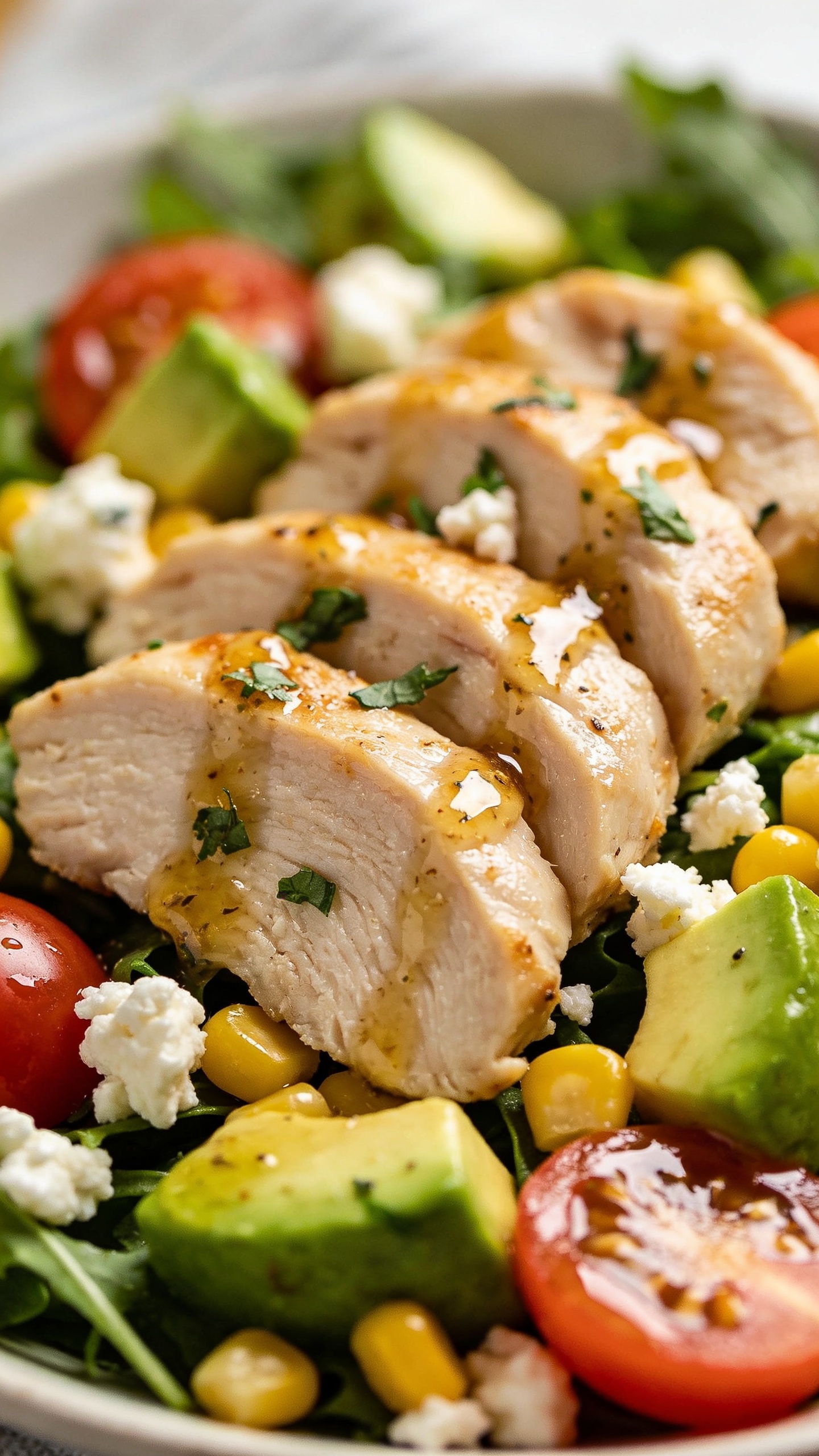 A second close-up, ultra-close shot of the finished dish from a slightly lower angle, emphasizing juicy textures and glossy sauce. The salad components—chicken slices, avocado chunks, tomatoes, corn kernels, feta crumbles—are in crisp focus while the greens softly blur, highlighting the sheen of the vinaigrette, fresh herbs, and vibrant colors in a premium food-blog style, natural light, no hands, 90–95% frame fill.