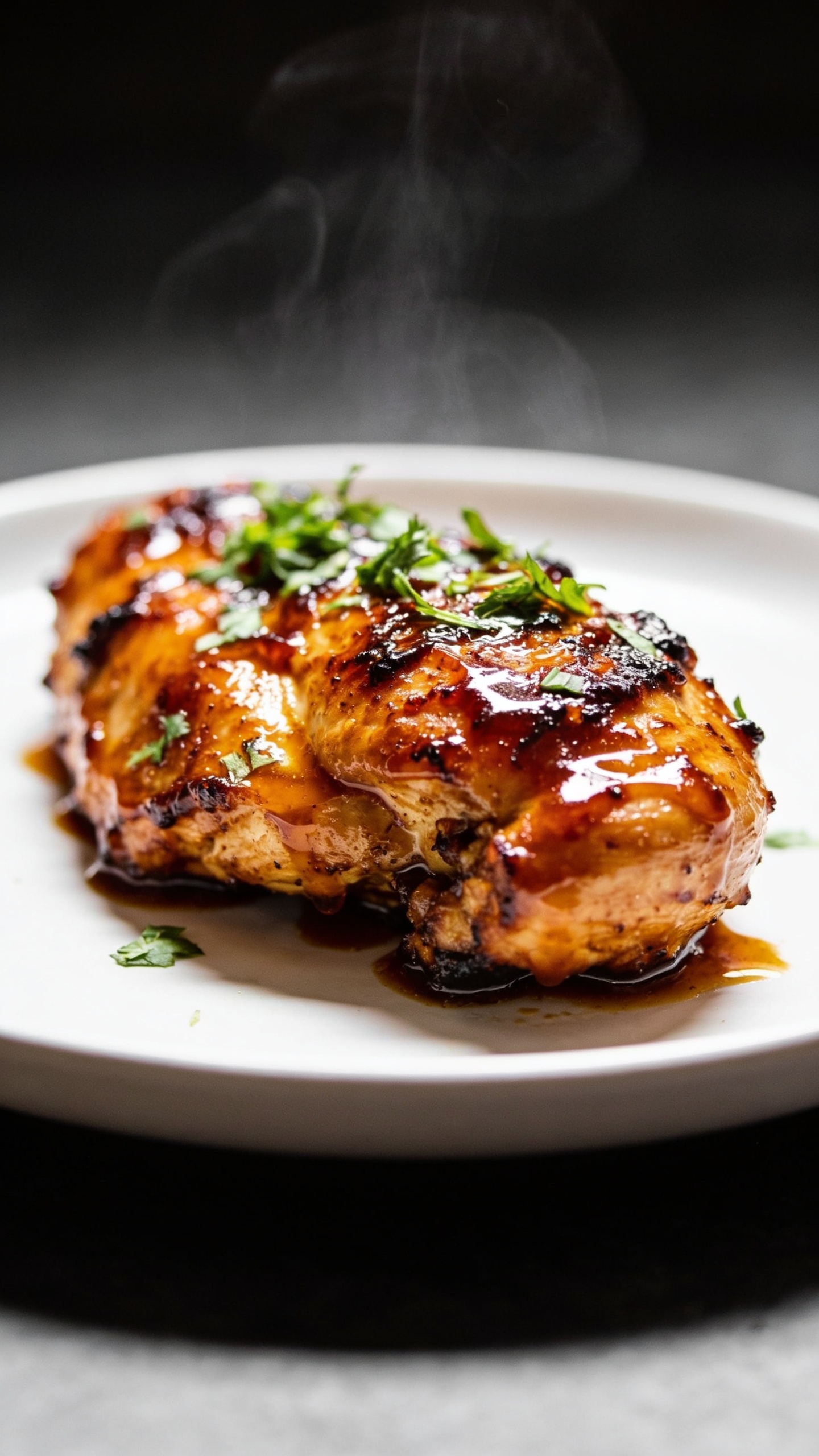 Close-up trio-angle composition of the finished chicken: 1) top-down view showing juicy interior and caramelized exterior, 2) at a 45-degree side angle highlighting glaze shine and sesame seeds or fresh herbs, 3) angled macro focusing on the crust and glistening sauce, all items shot with bright natural light, rich textures, abundant gloss, and a premium food-blog look; 90–95% food occupancy, no people.