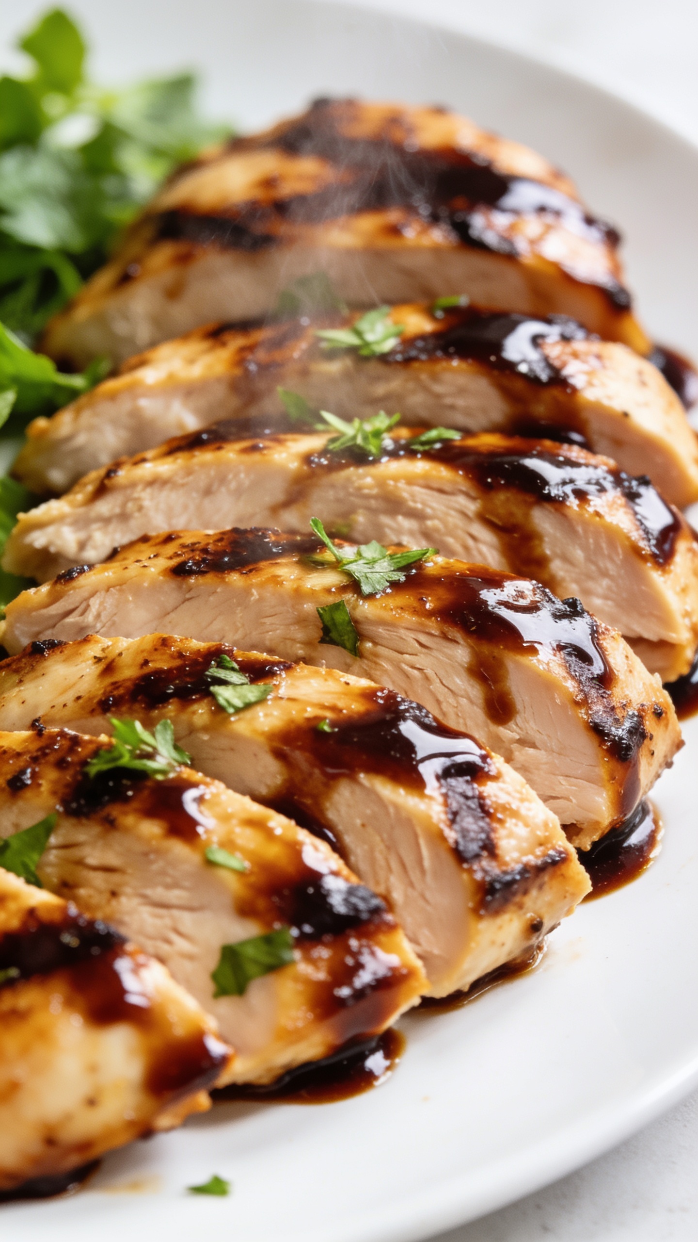 A stunning hero close-up of the finished High Protein Balsamic Grilled Chicken on a pristine plate, garnish of fresh herbs, glossy balsamic glaze shimmering over juicy sliced chicken, vibrant colors, bright natural lighting, shallow depth of field; the entire dish fills the frame with rich textures and steam hints, no text, extreme close-up, 90â95% frame fill.