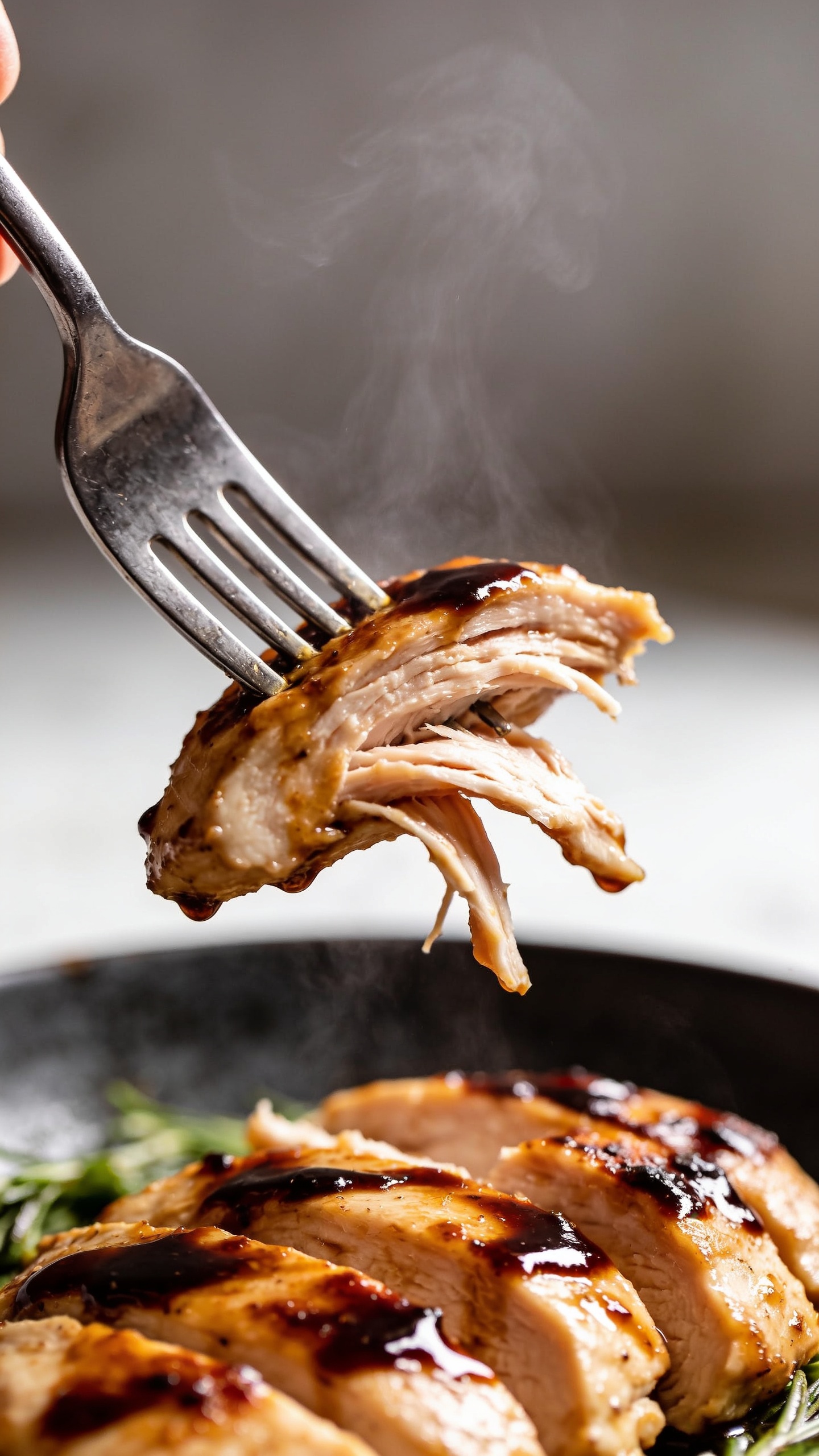 A dynamic close-up action shot of a fork lifting the perfect bite of the finished chicken, the glossy balsamic glaze catching the light as succulent slices pull away, steam barely rising, ultra shallow depth of field, bright natural lighting, premium food-blog styling; the fork is visible lifting the bite, hands/arms not shown, 90â95% frame fill.