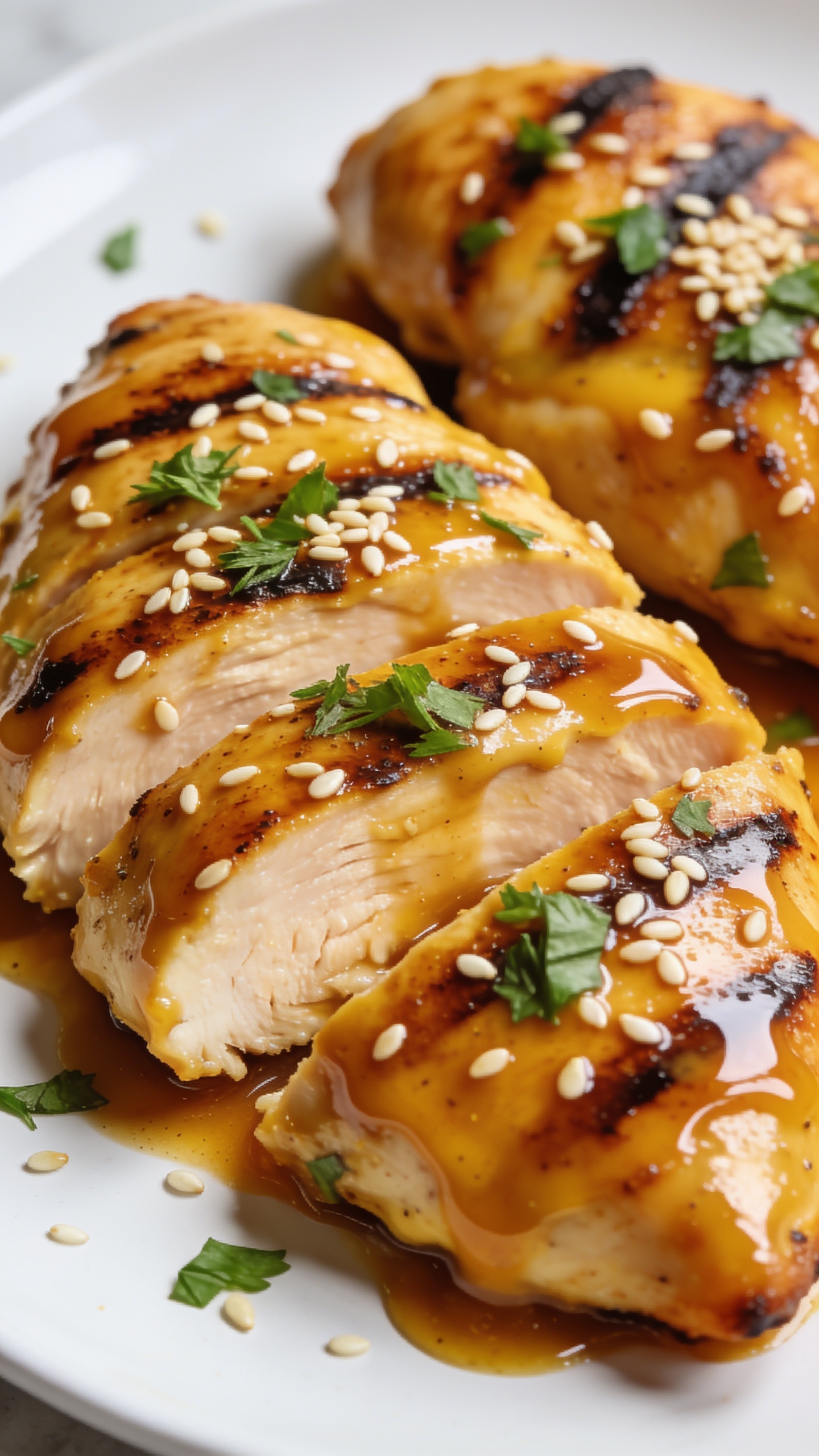 A stunning hero shot of the finished High Protein Honey Mustard Grilled Chicken plated on a clean white plate, glossy honey mustard glaze covering tender grilled chicken breasts, sesame seeds and fresh herbs sprinkled on top, vibrant colors, natural bright lighting, shallow depth of field, food filling 90–95% of frame, no text or surrounding hands visible.