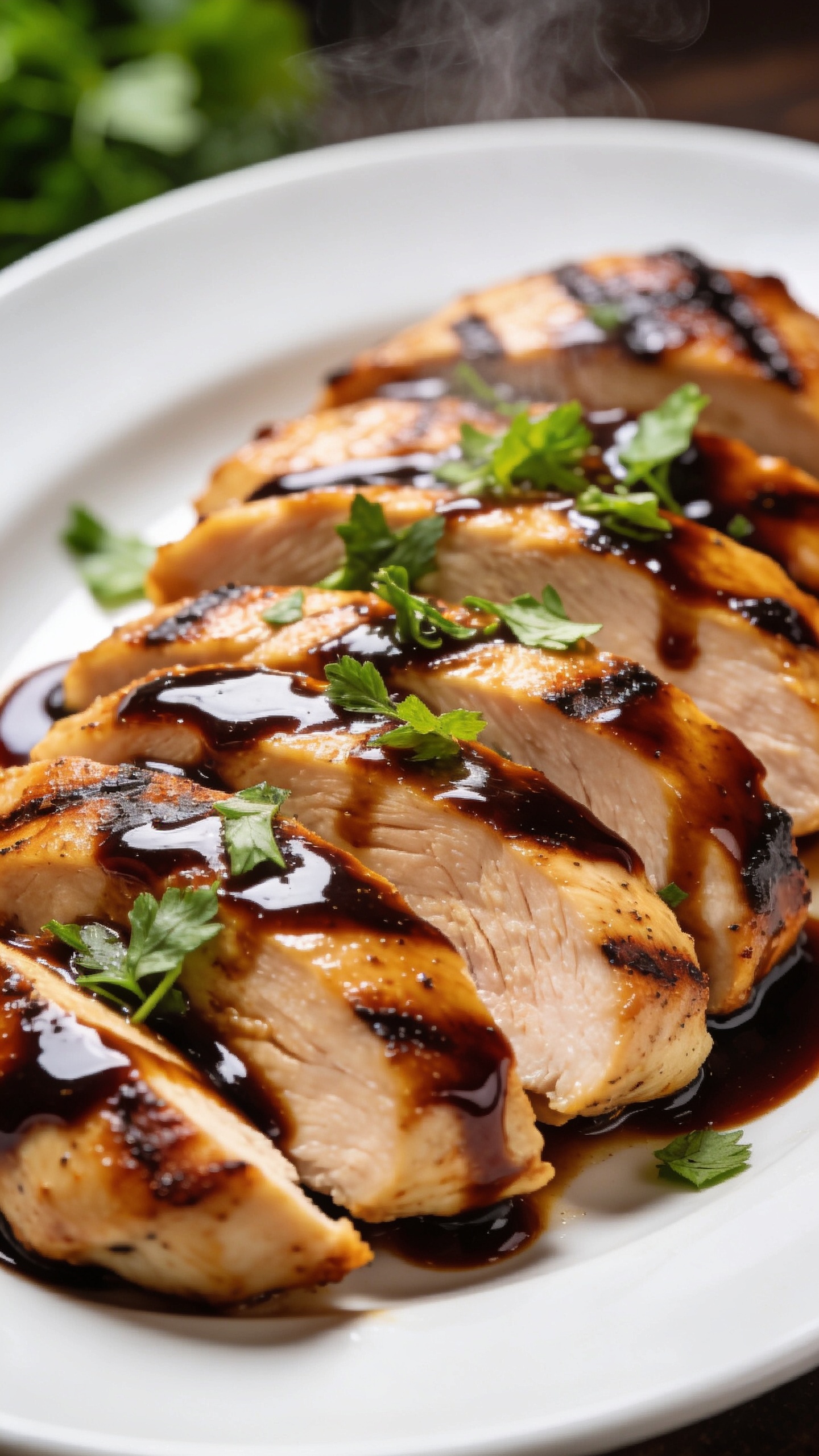 A series of two ultra-close, mouth-watering angles of the finished dish from a slightly elevated and side angle: one shot highlighting juicy interior where the chickenâs tenderness shows through with a hint of melted glaze; the other focusing on crisp edges and herbs sprinkled on top, both with glossy sauce, vibrant colors, natural light, shallow depth of field, 90â95% frame fill, cohesive look for the same finished recipe.