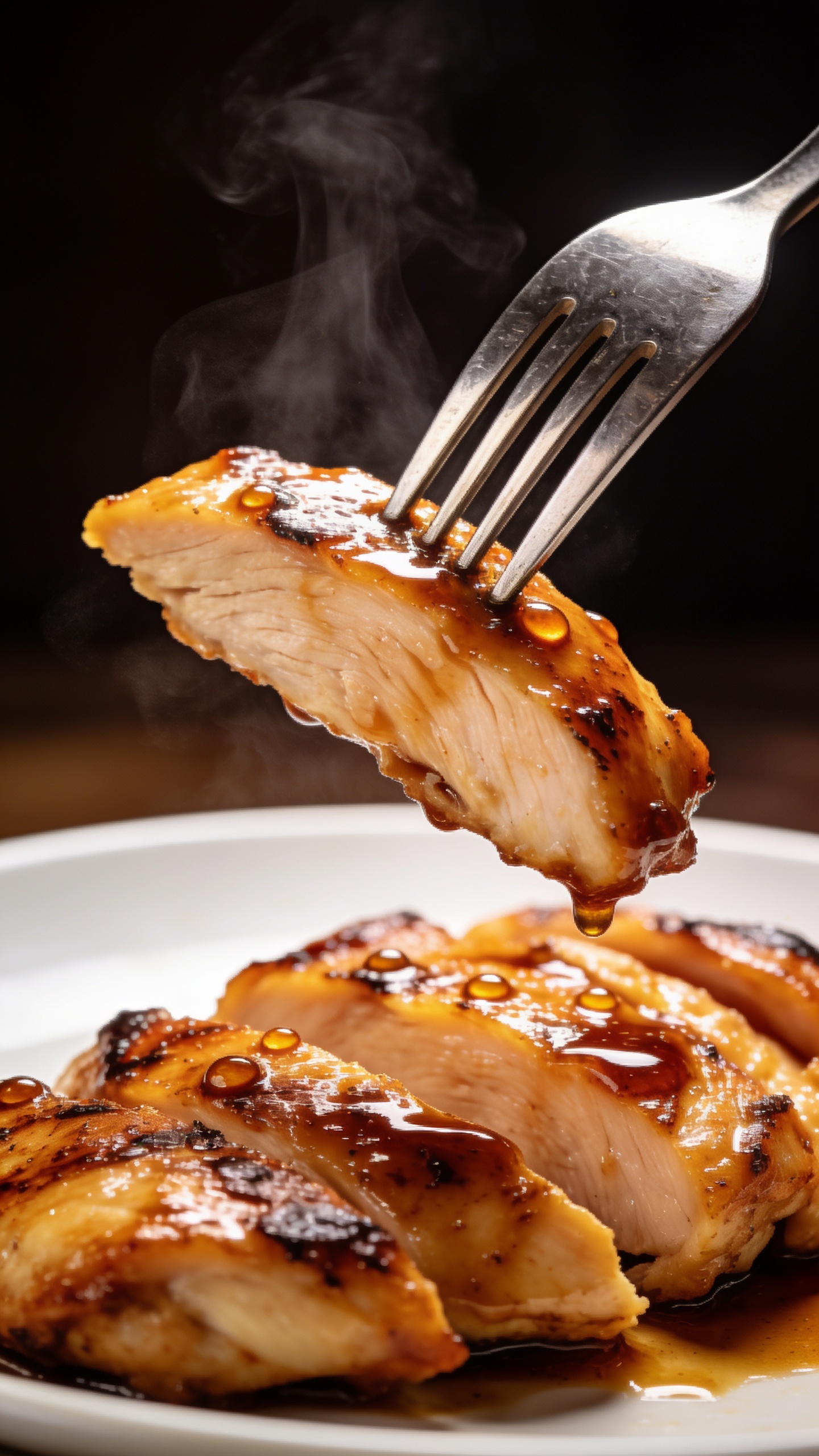 A dynamic close-up of the moment just before the bite: a fork lifting a perfectly glazed, juicy slice of grilled chicken from the plate, sauce beads gleaming, steam barely rising, rich textures and glossy coating captured in ultra-close perspective, 90–95% food fill, bright natural lighting, shallow depth of field, no people or hands visible.