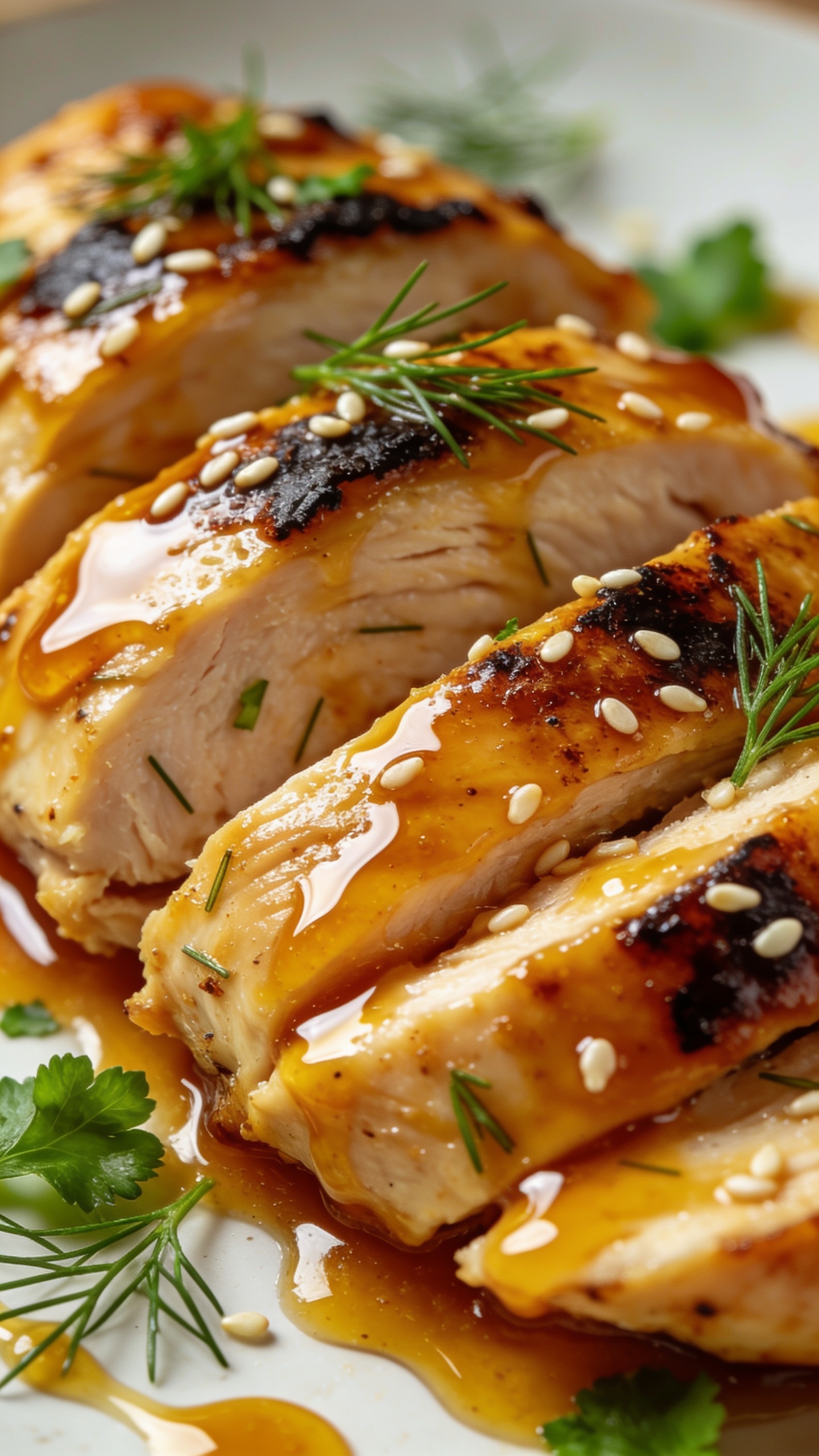 Another extreme close-up from a different angle: the finished chicken sliced to reveal moist interior with a slightly charred edge, honey mustard glaze shimmering, fresh dill/parsley and sesame seeds lightly scattered, peaks of glaze rolling along the surface, vivid colors, premium food-blog styling, shallow depth of field, bright natural light, 90–95% food fill, no text or people.