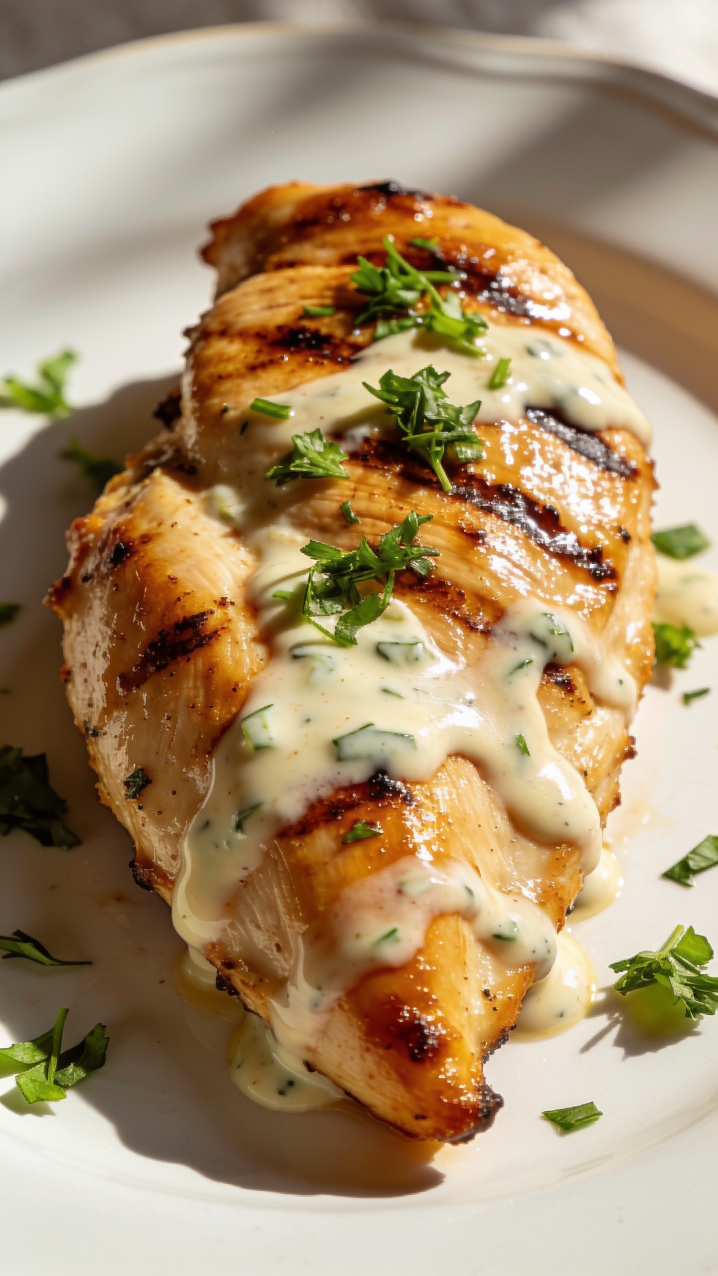A stunning hero shot of the finished High Protein Ranch Grilled Chicken: a perfectly grilled, juicy chicken breast glistening with a light ranch glaze on a pristine plate, with vibrant green herbs sprinkled on top, surrounded by a minimal, sunlit backdrop; no people, no hands, 1:1 aspect, ultra-close-up, realism lighting, rich textures and glossy sauce.