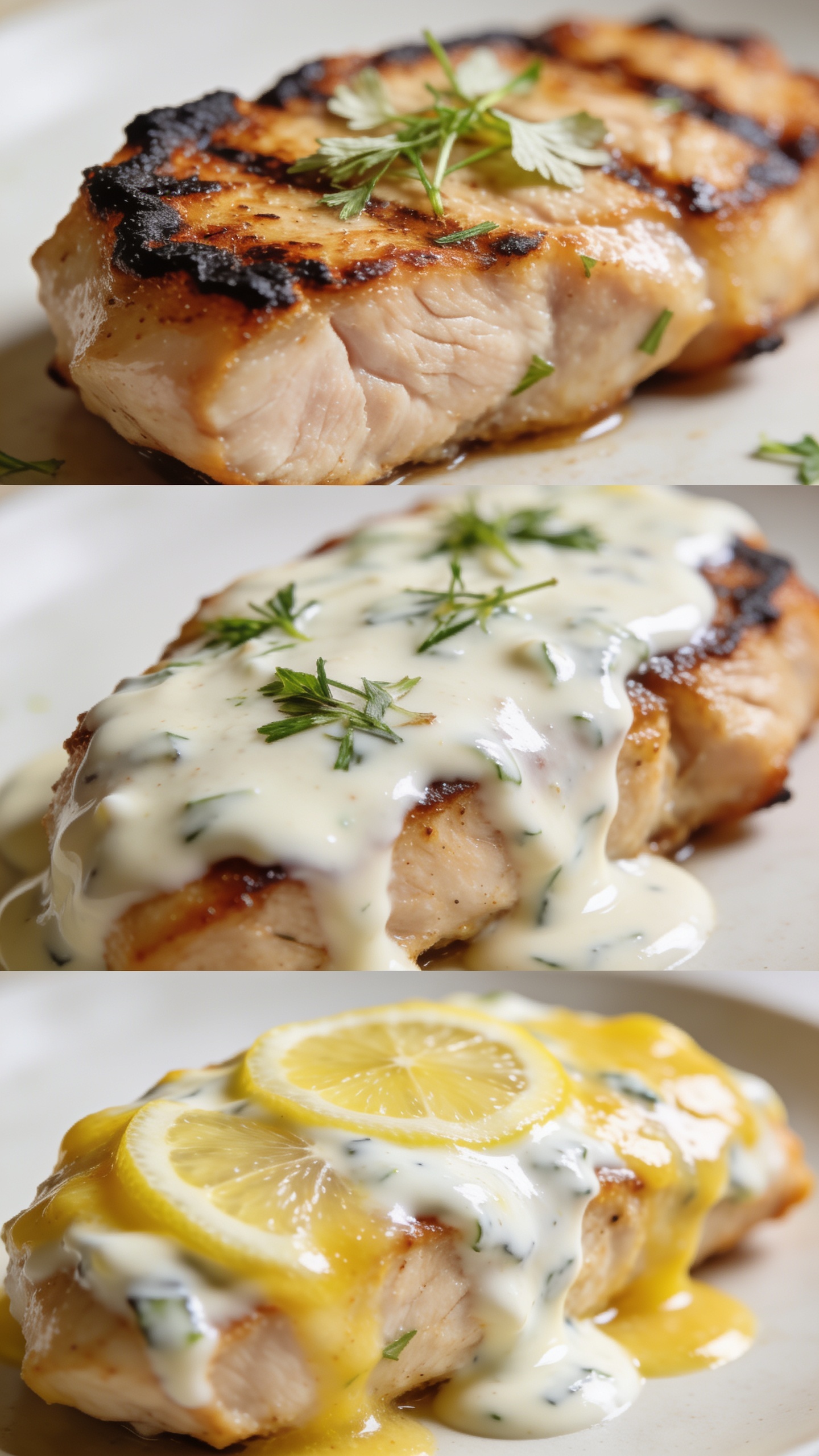 Three consecutive ultra-close-up angles of the finished dish from slightly different perspectives: focus 1 shows the crispy grilled edges and juicy interior with a light herb garnish; focus 2 highlights melted herbs and a glossy ranch glaze coating the surface; focus 3 emphasizes vibrant color from lemon-yogurt marinade, with a shallow depth of field and natural daylight, all without utensils in frame, no people.