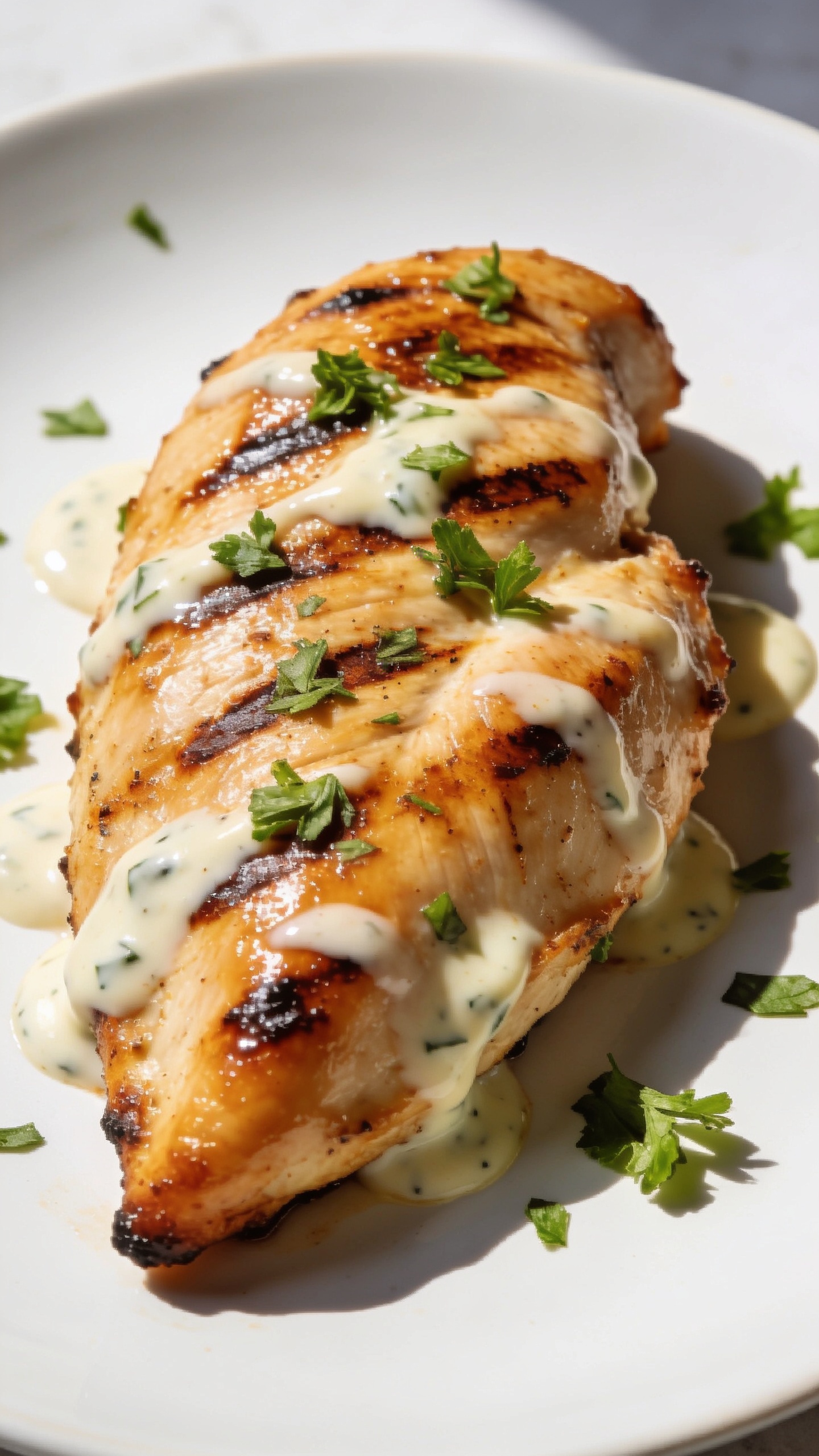 A dynamic close-up capturing the irresistible moment: a fork lifting a perfectly cooked bite of the chicken, sauce clinging glossy and thick, steam barely rising, shallow depth of field with the plate and herbs softly blurred in the background, bright natural light, premium food-blog styling, no hands or faces.