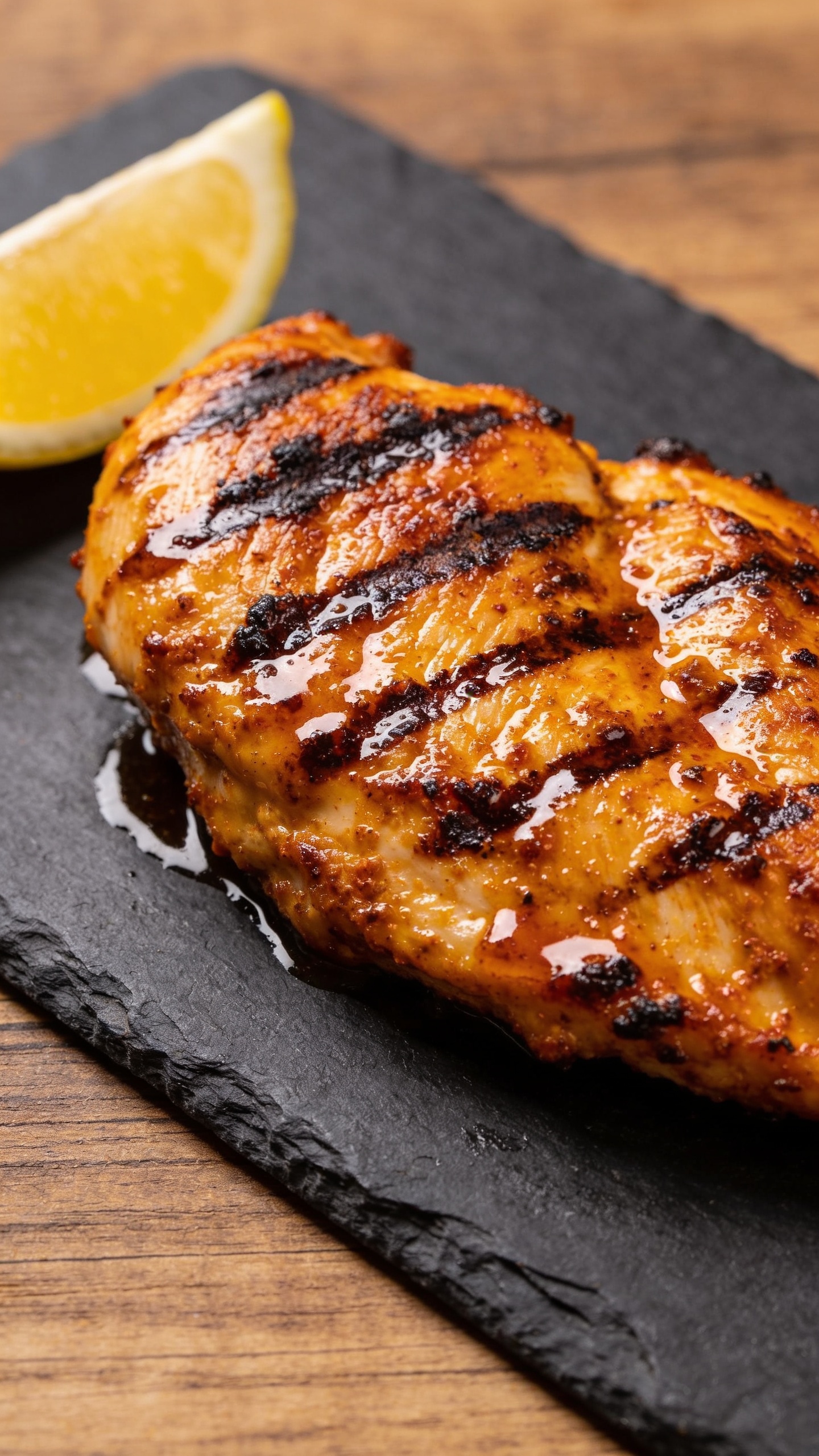 A stunning hero shot of the finished High Protein Cajun Grilled Chicken plated gorgeously on a dark slate with charred grill marks, golden crust, and a lemon wedge on the side; the plate sits on a wooden table with soft natural light, no people, ultra-close-up, 95% food filling the frame, glossy Cajun glaze sheen visible.