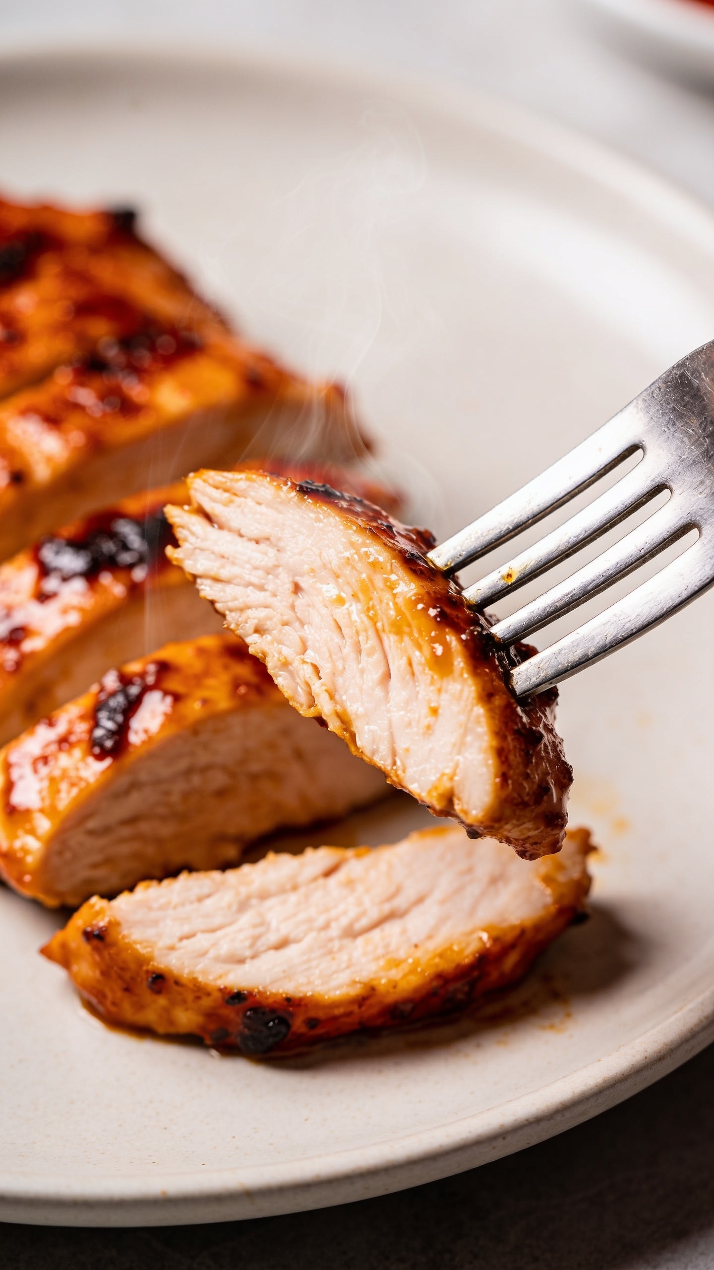 A mouthwatering action moment: a fork lifts a perfectly juicy, sliced Cajun grilled chicken bite from the plate, the meat glistening with marinade and steam faintly rising, foreground focus on the bite with a shallow depth of field, vibrant colors, no hands or faces, premium food-blog styling; nothing but the bite and plate in frame.