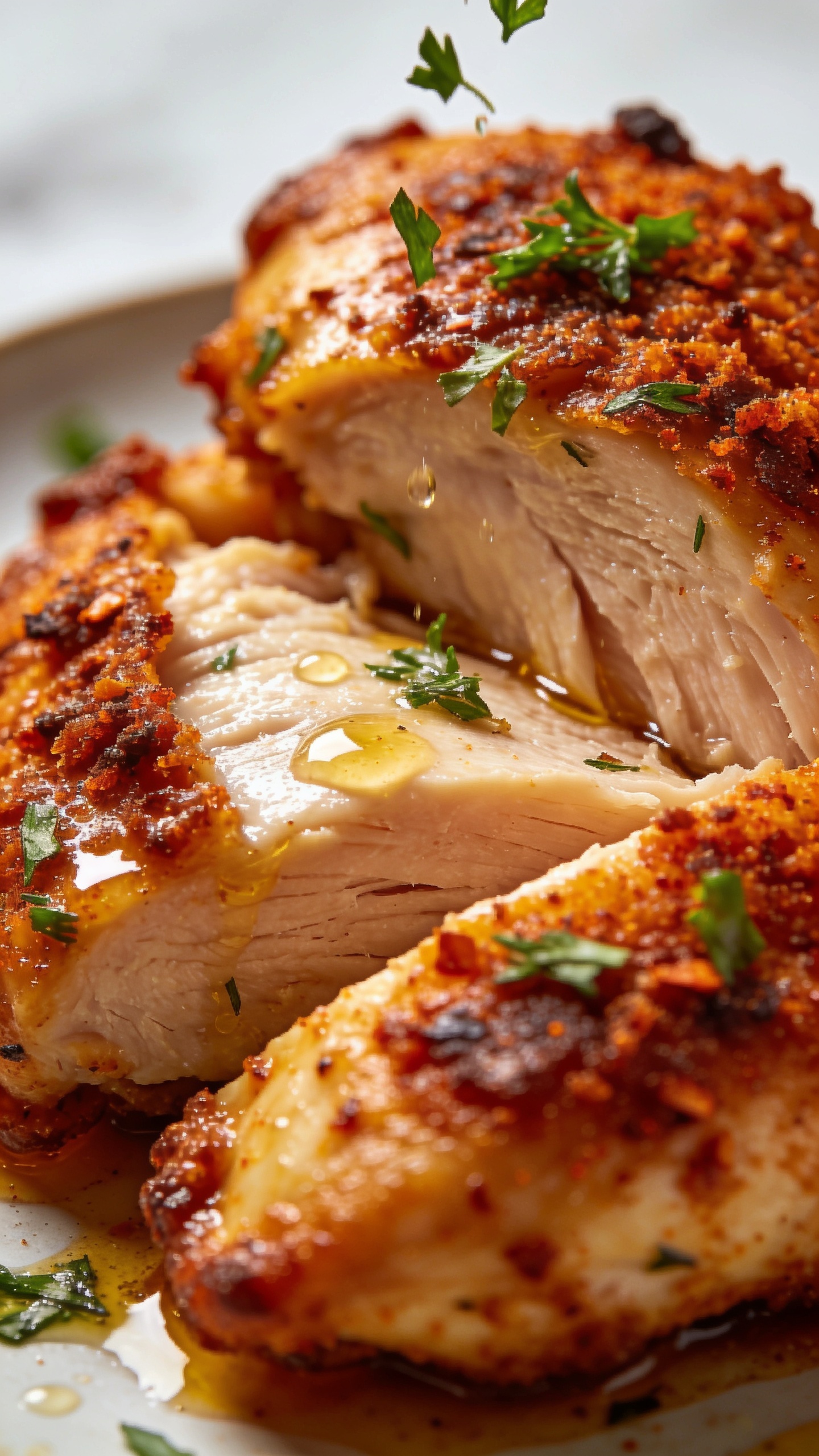 Ultra-close-up close angle of the finished chicken emphasizing texture: crispy Cajun crust, tender interior, droplets of oil and herbs clinging to the surface; camera at a slight tilt to enhance depth, fresh herbs lightly falling onto the dish, bright natural light, shallow depth of field, 90–95% food in frame, no extraneous elements.