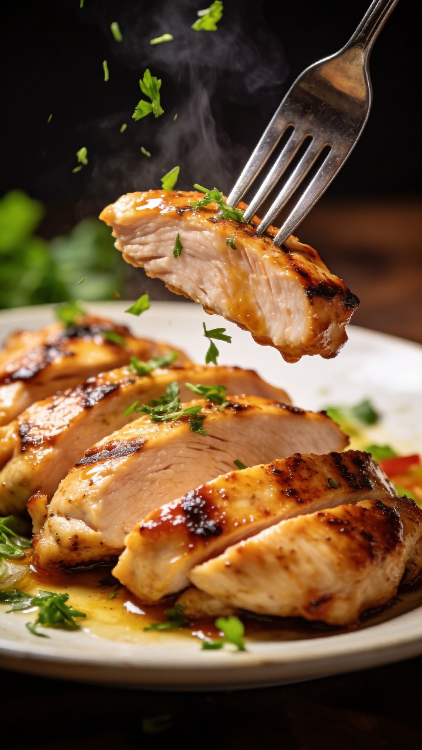 A dynamic, mouthwatering close-up action shot: a fork is lifting the perfect bite of sliced grilled chicken from the plate, the juicy interior visible, glaze catching the light, steam just barely visible, fresh herbs falling onto the dish, all in a single moment of anticipation; ultra-close, 90–95% food fill, natural lighting, shallow depth of field.