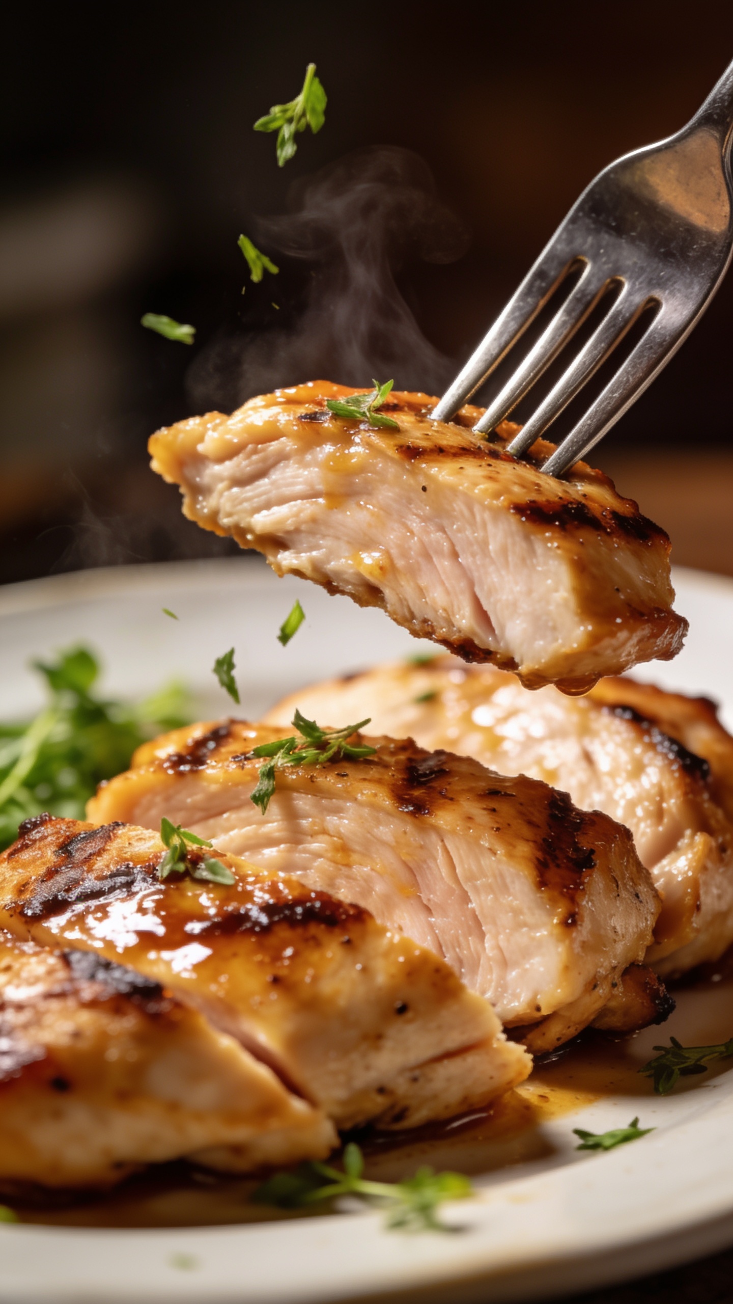 A second close-up from a slightly different angle, focusing on the glossy sauce coating the sliced chicken with melted edges and paprika-smoked crust, bright colors from lime zest and cilantro, premium food-blog styling, intense texture and juiciness, natural light, shallow depth of field, food occupying most of the frame, no hands or utensils shown except the implied bite.