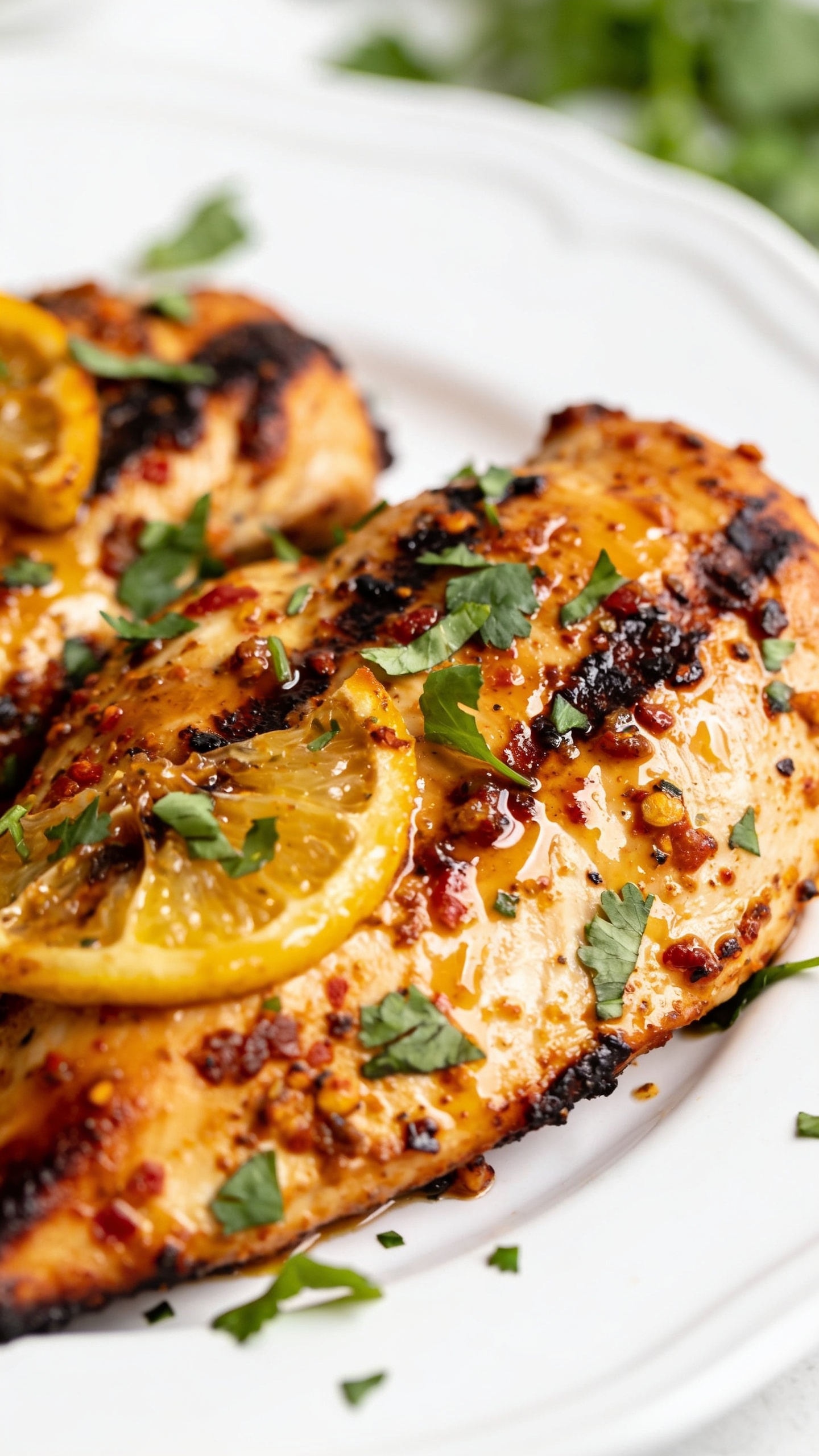 A stunning hero shot of the finished High Protein Southwest Grilled Chicken plated on a bright white plate with a lime wedge and a sprinkle of chopped cilantro. The chicken sits proudly with a smoky char, glossy citrus glaze, and vibrant southwestern spices, all under bright natural light; the composition emphasizes juicy texture and crisp edges, no text,  extreme close-up, shallow depth of field, food fills 90–95% of frame.