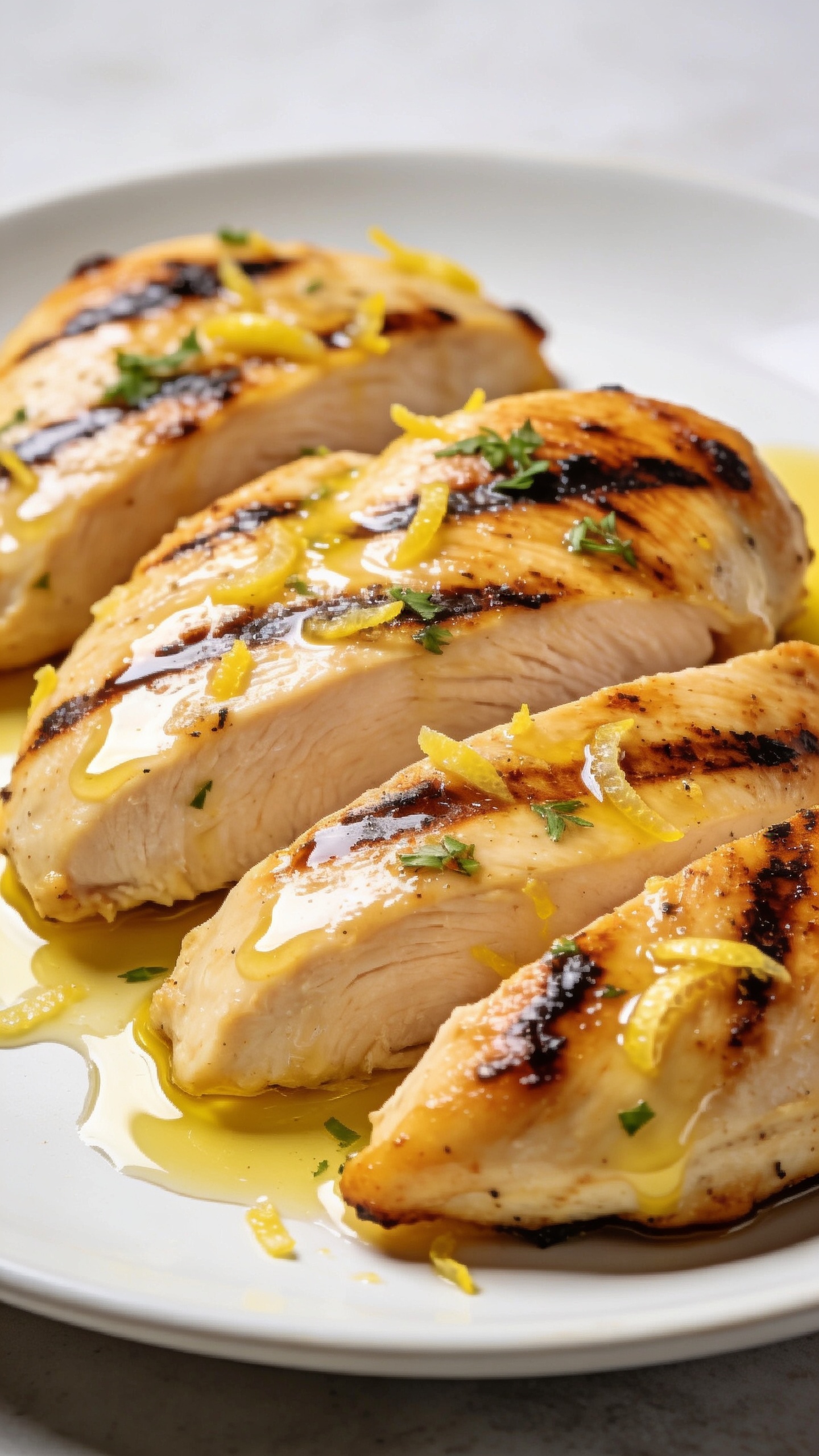 A stunning hero image of the finished High Protein Lemon Pepper Grilled Chicken plated pristine on a clean white plate, glistening with lemony glaze, and lemon zest specks visible. No people or hands. Natural bright lighting, shallow depth of field, 90â95% frame filled with the juicy chicken breasts grilled to perfect char, herbs lightly sprinkled on top, a subtle olive oil sheen, and a neutral background to emphasize the vibrant colors.
