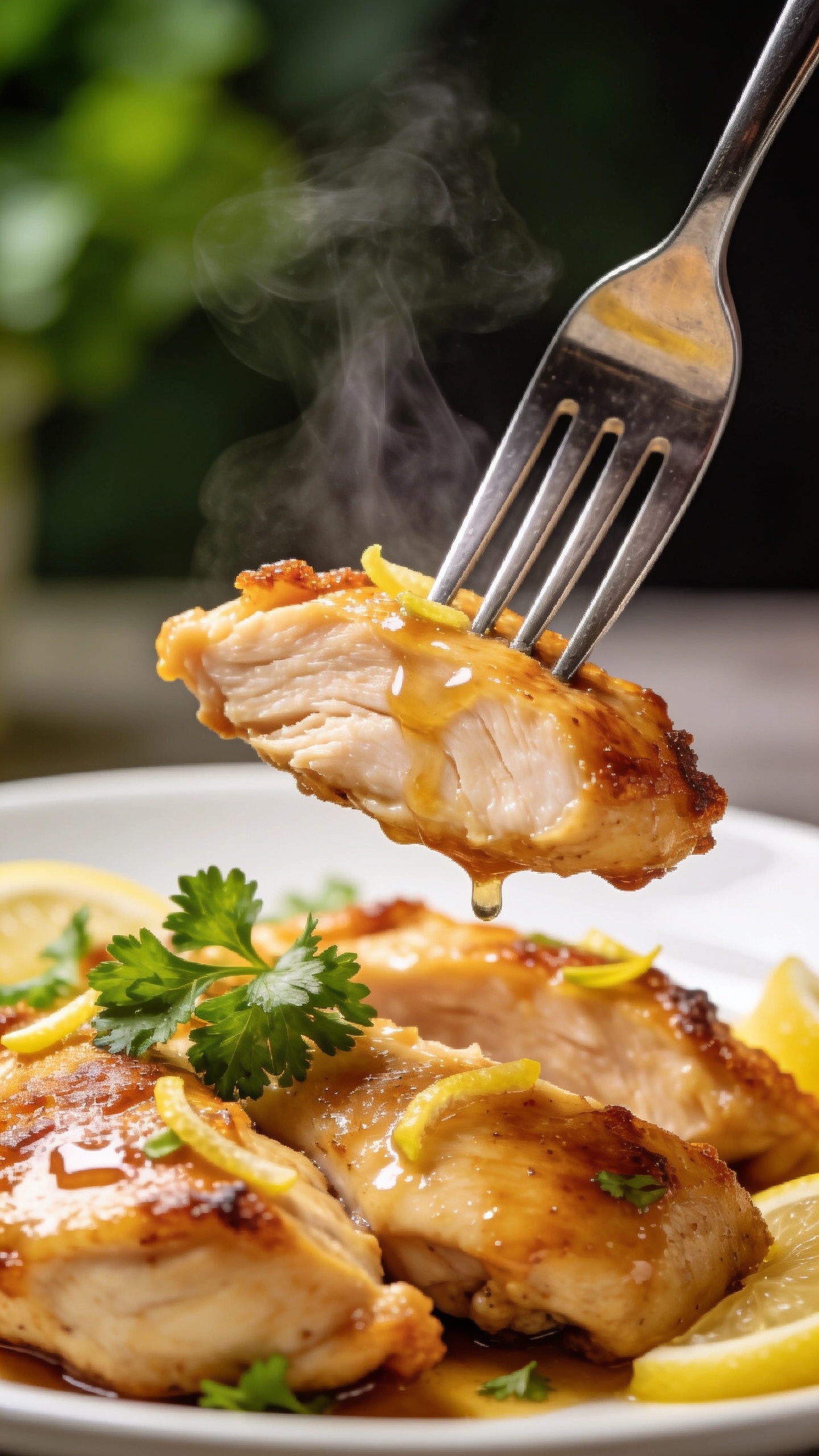 A close-up, mouth-watering moment of the finished dish with a fork lifting the perfect bite. The fork blade entering a tender, juicy chicken piece, glaze dripping slightly, steam just rising, crispy edges visible, fresh parsley and lemon zest accents. 90â95% of the frame filled with the plated dish, bright natural light, ultra-shallow depth of field, premium food-blog styling, no hands or faces.