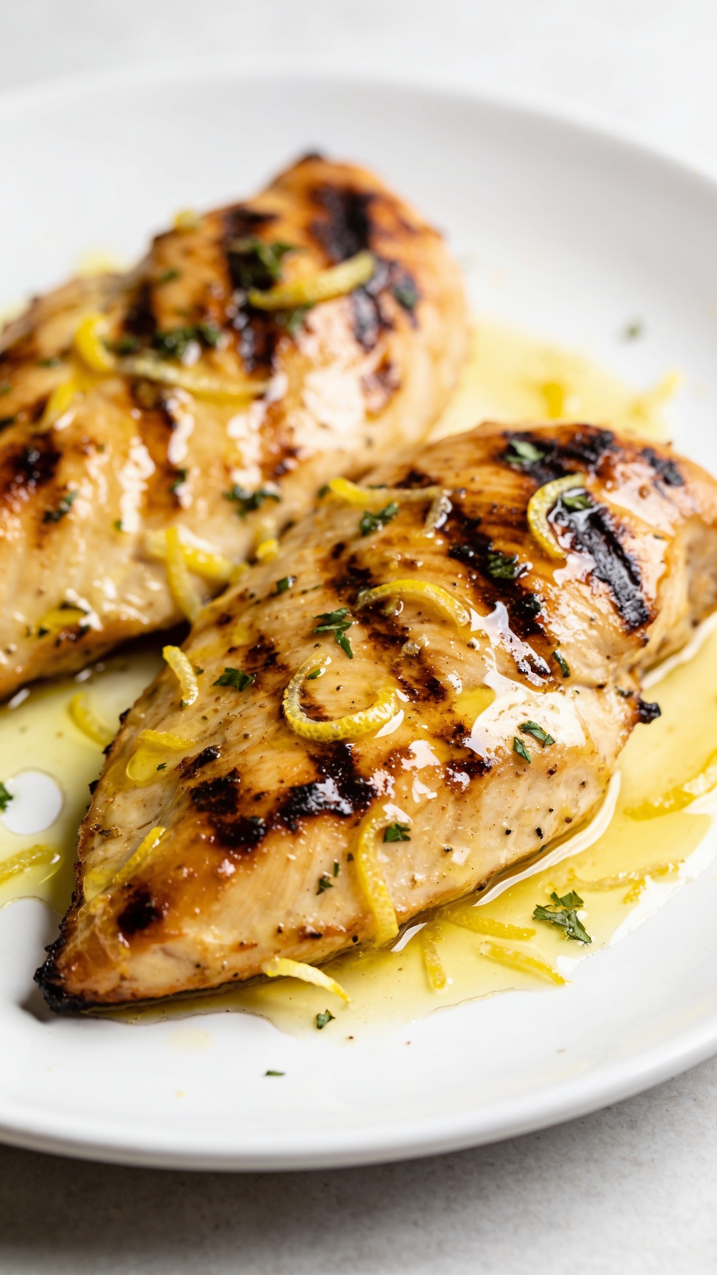 An extreme close-up action shot of glossy sauce being poured over the finished chicken, capturing a dynamic drip and the moment the sauce fully coats the surface. The chicken sits on the plate with crisp exterior and juicy interior hint, lemon zest and herbs in focus around the edges, 90â95% food fill, bright natural lighting, shallow depth of field, consistent look with the hero image. No people or utensils other than the visible sauce flow touch.