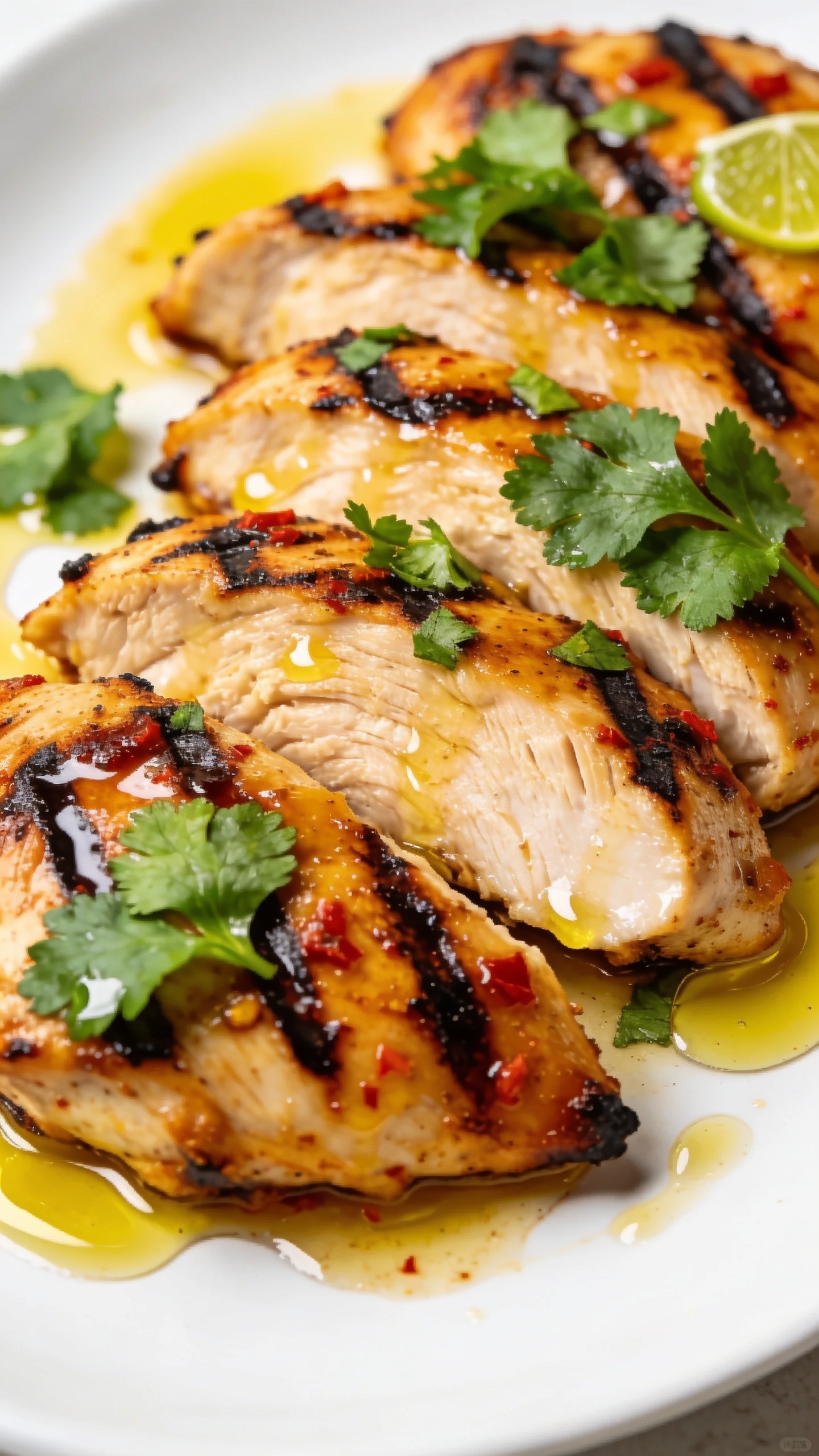 A stunning hero close-up of the finished High Protein Chili Lime Grilled Chicken plated pristine on a clean white plate, glistening with a light citrus glaze, charred grill marks visible, vibrant green cilantro garnish, olive oil sheen, and a subtle backdrop of warm natural light; the entire dish occupying the frame with no hands, showing the glossy sauce and juicy texture.