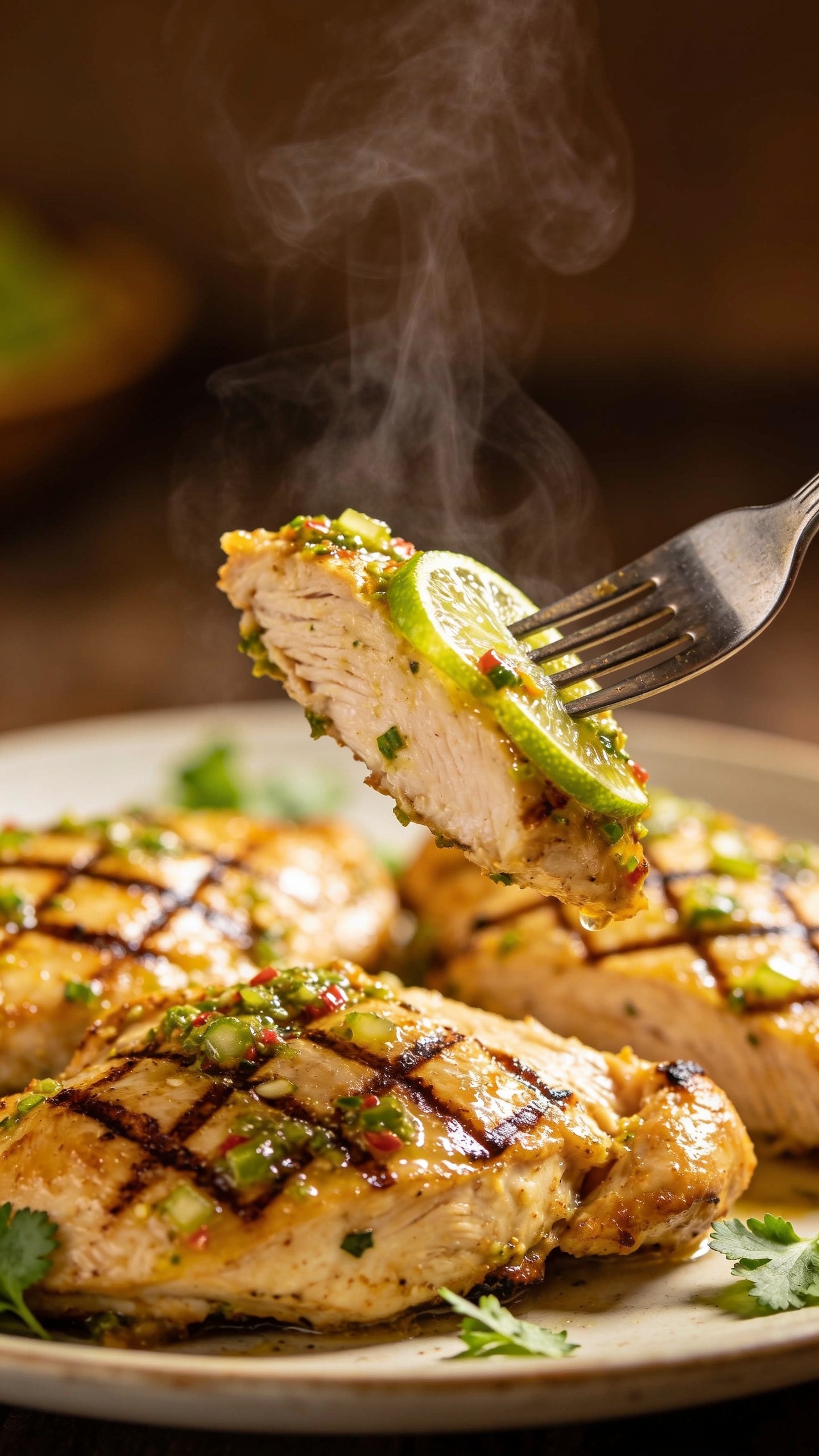 A dynamic, mouthwatering action shot: a fork gracefully lifting the perfect bite of the finished chicken from the plate, steam rising, glistening lime-chili crust visible, tile-like grill marks, cilantro faintly scattered around, shallow depth of field blurring the background, food filling 90–95% of the frame, no hands or face visible.