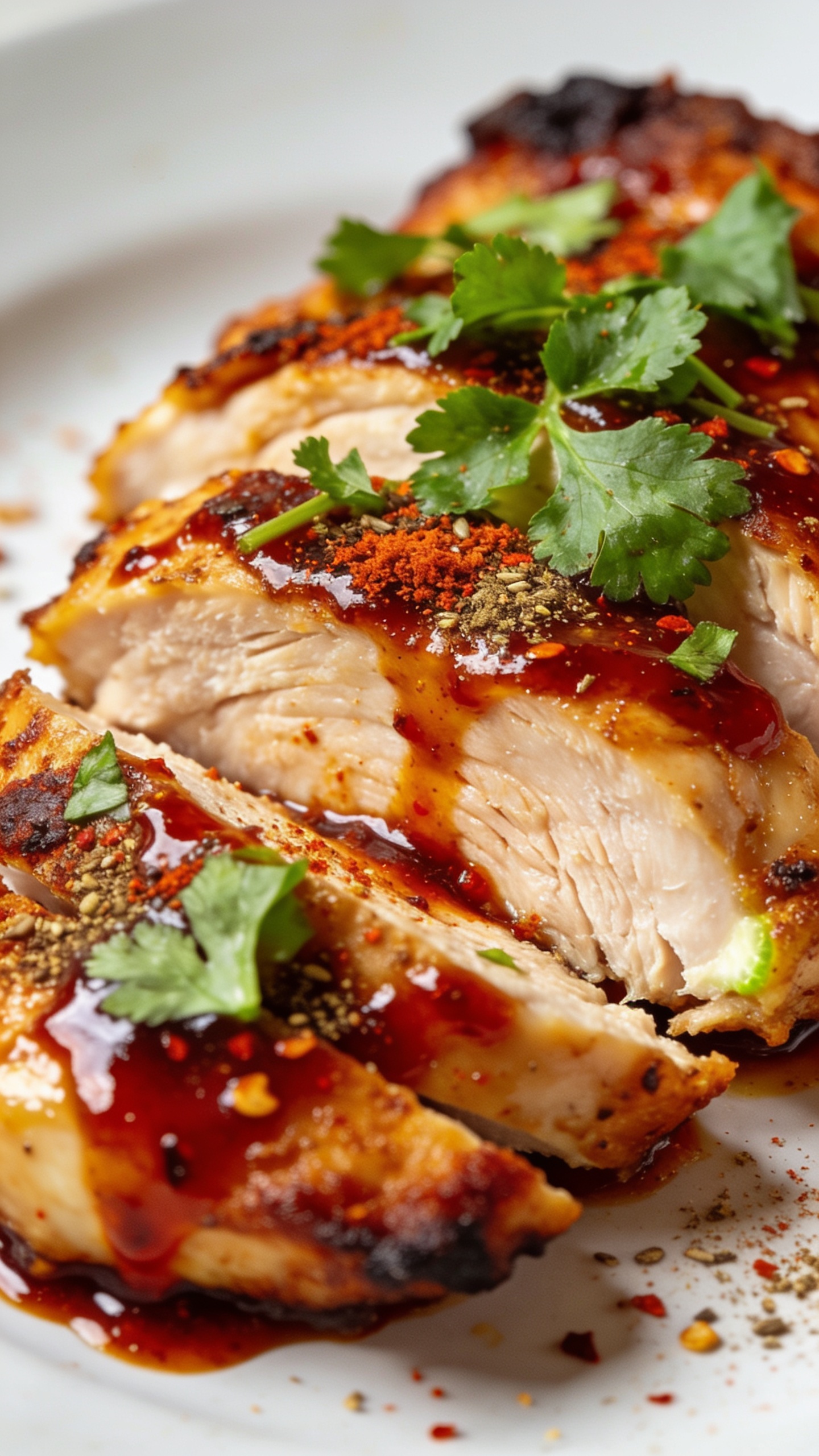 Close-up, premium-food-blog style from a slightly angled side view: the finished chicken sliced to reveal juicy interior, glossy chili-lime glaze cascading over the edges, fresh cilantro sprinkled on top, paprika and cumin specks catching the light, vibrant colors, crispy edges, and a shallow depth of field that isolates the dish as the sole subject in bright natural light.