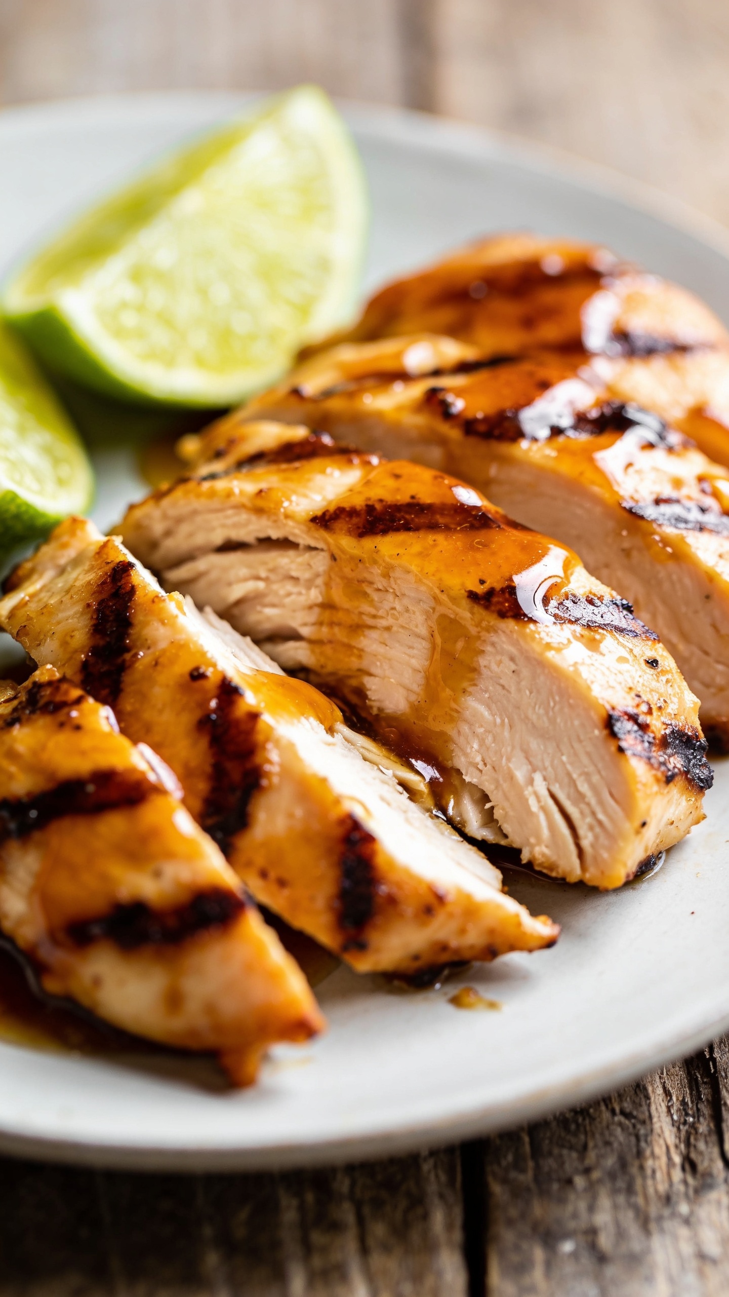 A stunning hero close-up of the finished High Protein Honey Lime Grilled Chicken on a clean plate, glossy honey-lime glaze coating the tender chicken slices, the plate set on a rustic wooden table, bright natural light highlighting the juicy fibers and charred edges, no text, food fills 90â95% of the frame, ultra-shallow depth of field with a softly blurred background.