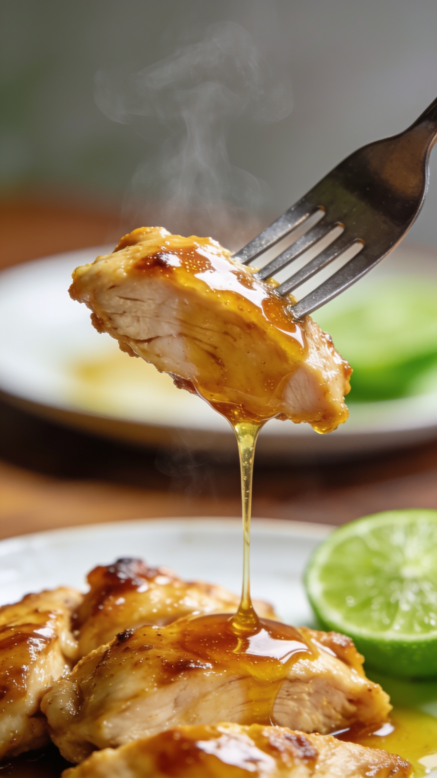 A dynamic mouthwatering moment: a fork lifting the perfect bite from the finished chicken, the glossy honey-lime glaze dripping slowly back to the plate, steam just barely rising, rich textures and vibrant colors in sharp foreground while the plate and table fade softly in the background, natural daylight, no hands visible.