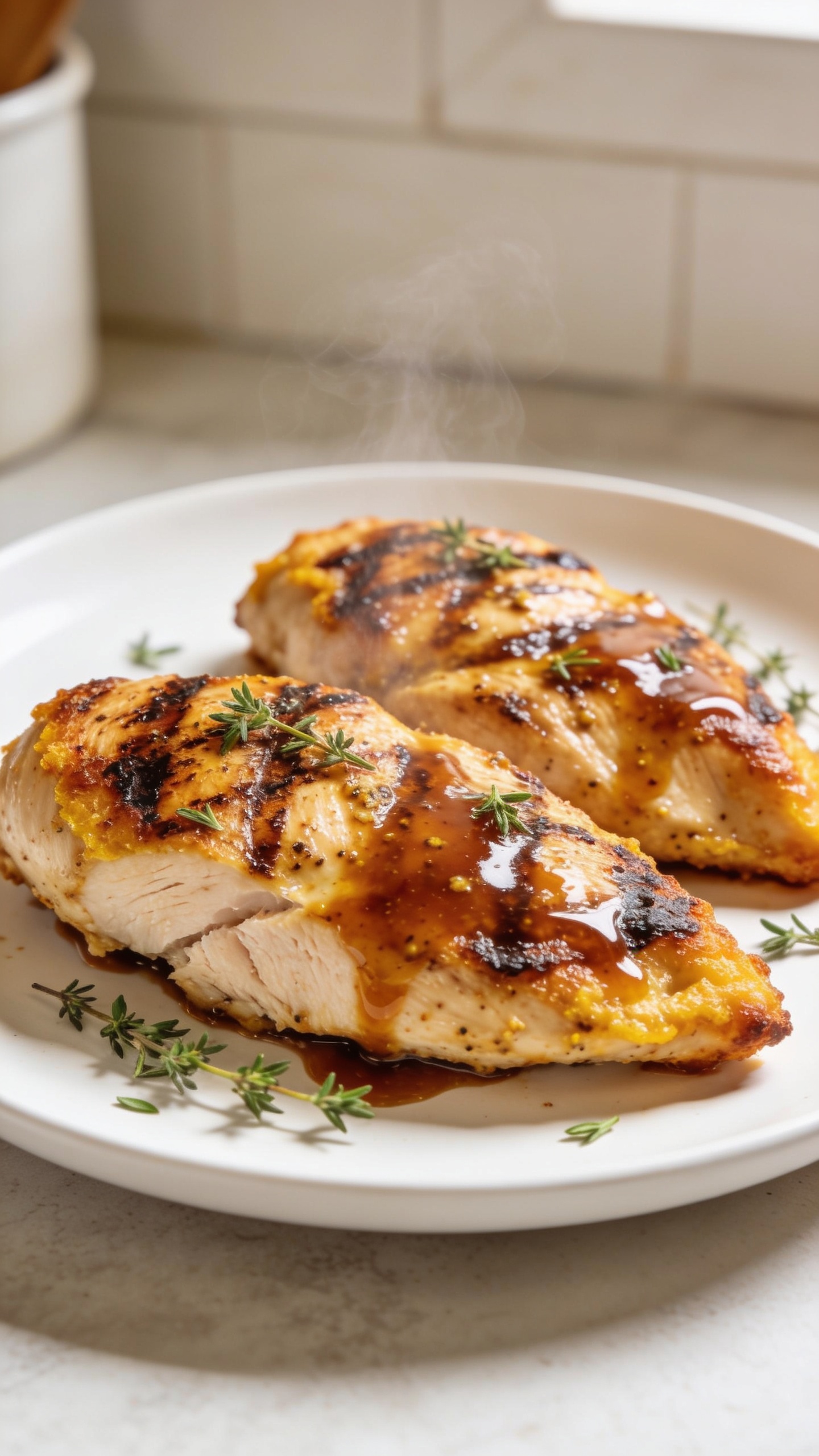 A stunning hero shot of the finished maple Dijon grilled chicken plated on a clean white plate, glossy maple-Dijon glaze shimmering over perfectly grilled chicken breasts with golden crispy edges, fresh thyme leaves scattered, subtle steam rising, and a neutral, warm kitchen backdrop; no hands or faces visible; the plate centered, lighting bright and natural to emphasize juicy texture and rich colors.