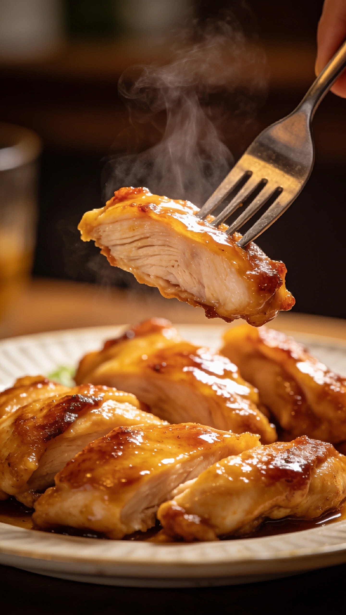 A dynamic close-up action moment: a fork lifting the perfect bite of glazed chicken from the plate, the glossy glaze catching the light, steam just beginning to rise, crisp edges and tender interior visible, shallow depth of field with the background softly blurred, food filling 90â95% of the frame, utensil only visible.