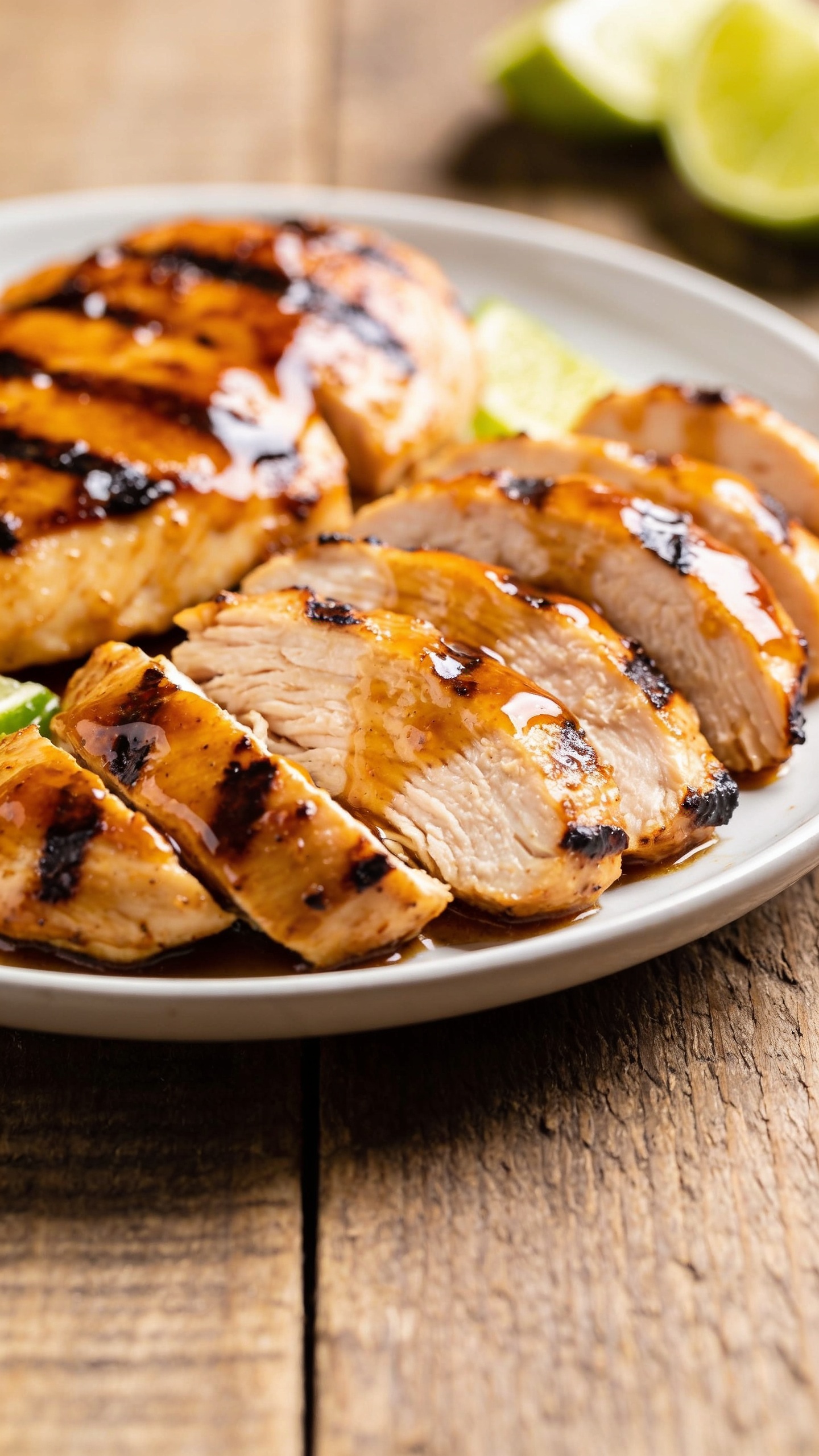 A series of three ultra-close-up angles of the same finished dish from different viewpoints, emphasizing juicy textures and glaze: top-down macro showing the caramelized crust, side angle focusing on steam and moisture glistening on the surface, and a tilt shot that catches fresh lime zest and herbs sprinkled over the chicken; bright natural lighting, shallow depth of field, food fills the frame.