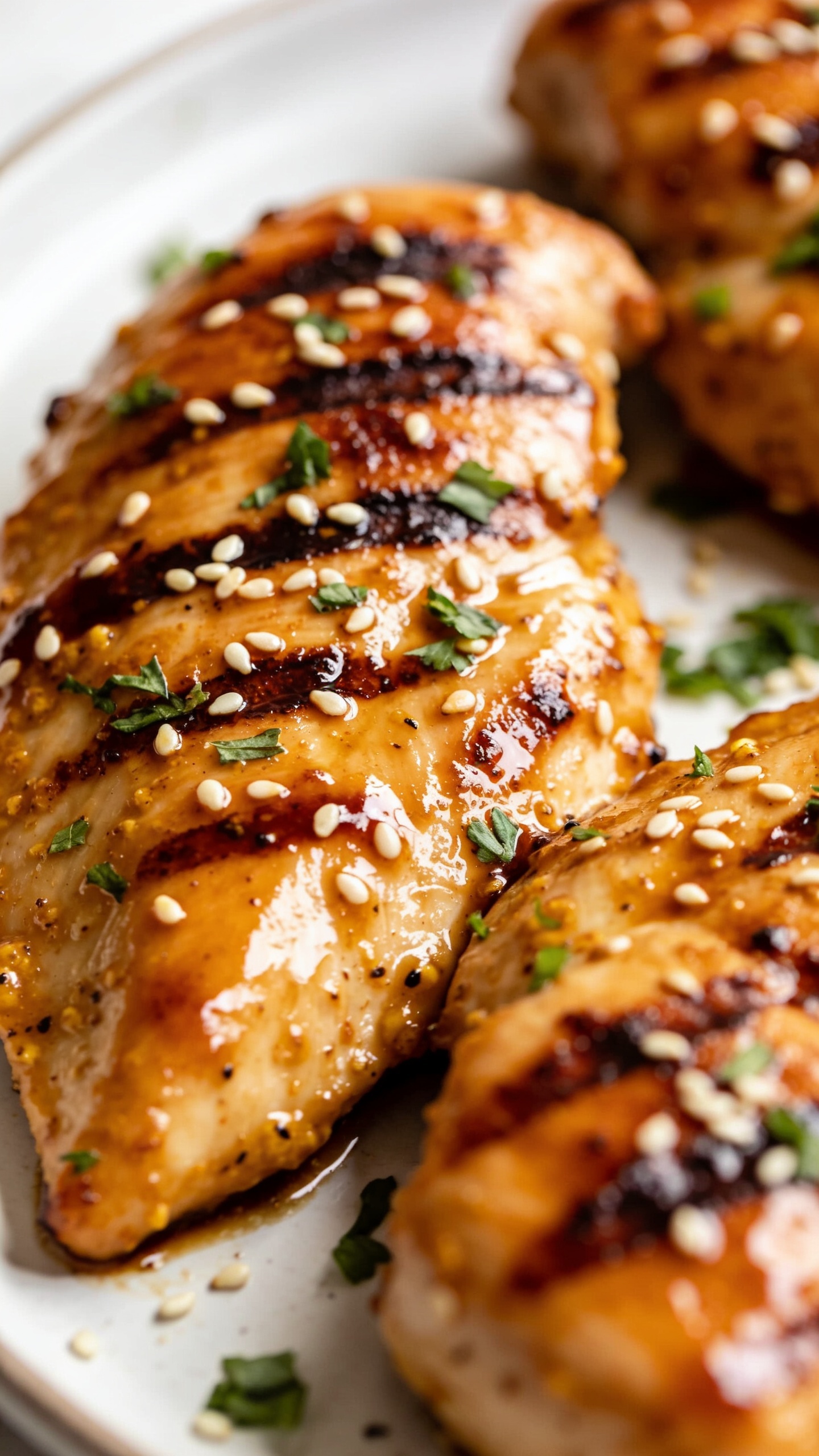 A ultra-close, all-texture close-up of the finished dish from a slightly angled top-down view: juicy chicken breast halves coated in shiny maple-Dijon glaze, caramelized grill marks, sesame seeds and fresh herbs lightly sprinkled, vibrant color contrast between the glaze and meat, bright natural lighting, shallow depth of field, plate edge just out of focus to emphasize the meatâs texture.