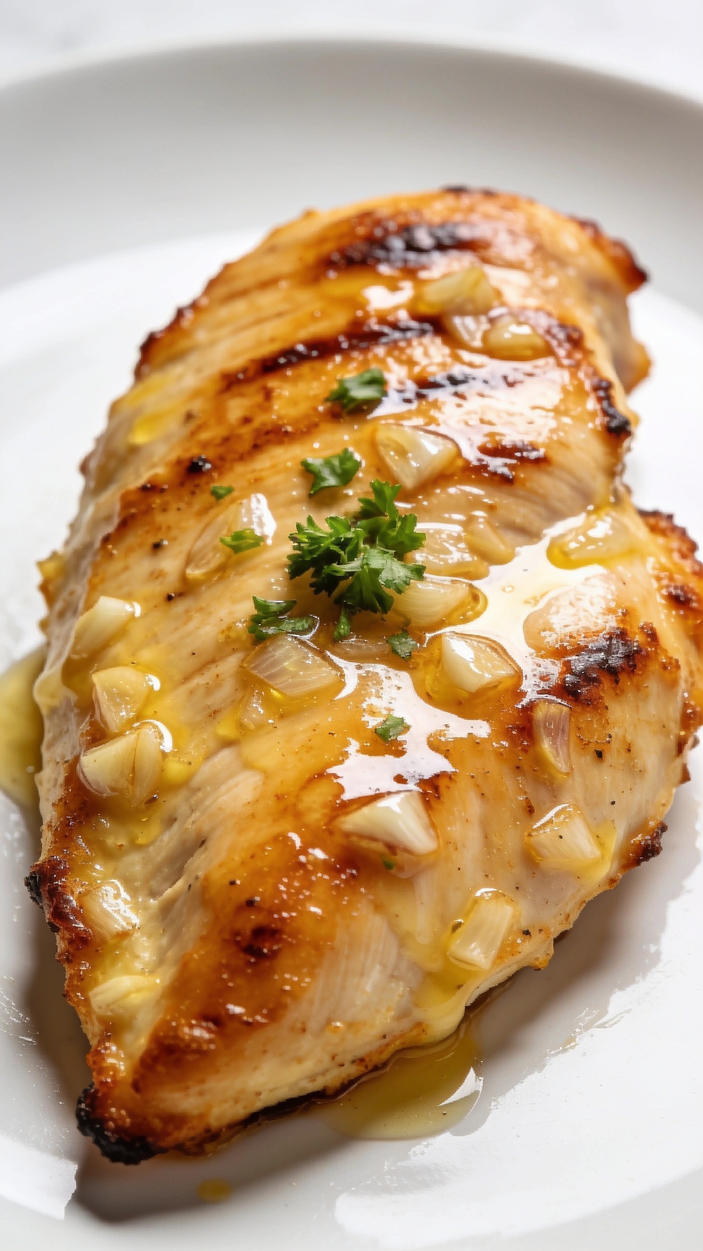 A stunning hero close-up of the finished High Protein Garlic Butter Grilled Chicken plated on a pristine white plate, the chicken breast glossy with garlic butter glaze, golden-brown crust edges, and a small sprinkle of chopped parsley. The frame is tight to emphasize juiciness and texture, natural bright light, ultra-sharp detail, shallow depth of field, no hands or people visible, food filling 90–95% of the frame.