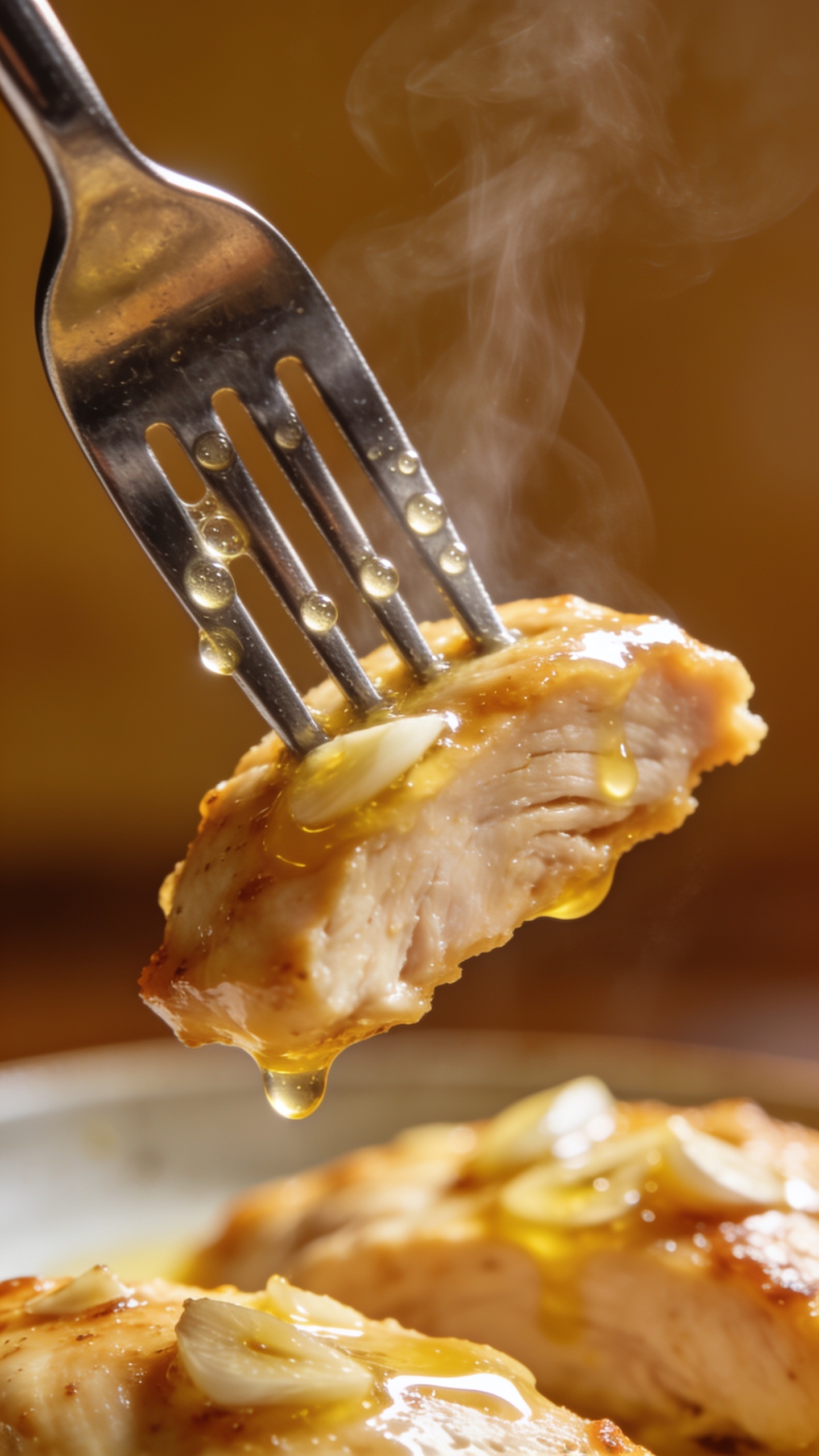 A dynamic, mouthwatering moment of anticipation: a fork elegantly approaching the perfect bite of the chicken, the glossy garlic butter coating catching the light, a wisp of steam rising, sauce beads clinging to the fork tines, and melted butter sheen on the edge of the bite. Only the fork and the food visible, no hands, ultra-close, bright natural lighting, shallow depth of field, premium food-blog styling.