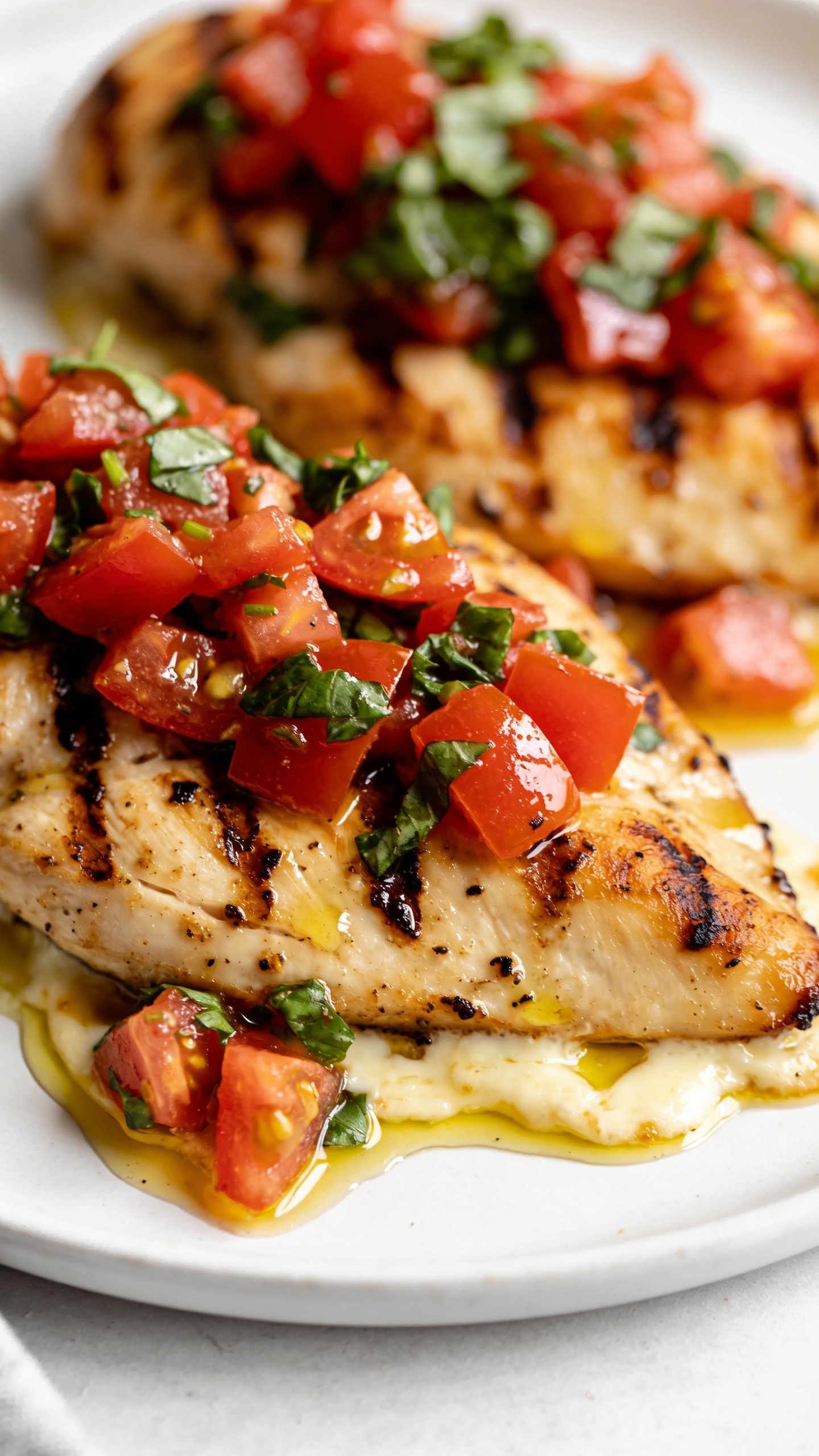A stunning hero close-up of the finished High Protein Bruschetta Grilled Chicken plated on a clean, white plate: juicy grilled chicken breasts topped with vibrant tomato-basil bruschetta, glistening olive oil, and a hint of melted cheese around the edges; bright natural lighting, shallow depth of field, rich textures, no people, food filling 90â95% of frame, warm colors, premium food-blog styling.
