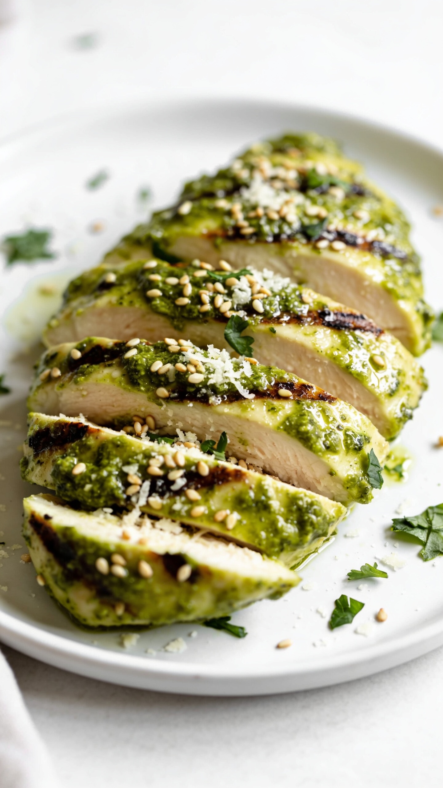 A stunning hero shot of the finished High Protein Pesto Grilled Chicken plated on a clean white surface, glistening with bright green pesto coating the juicy sliced chicken, sesame seeds and grated Parmesan subtle accents, fresh herbs lightly scattered, all under bright natural light with a shallow depth of field, the plate occupying 70-80% of the frame, no people, ultra-rich textures and vibrant colors.