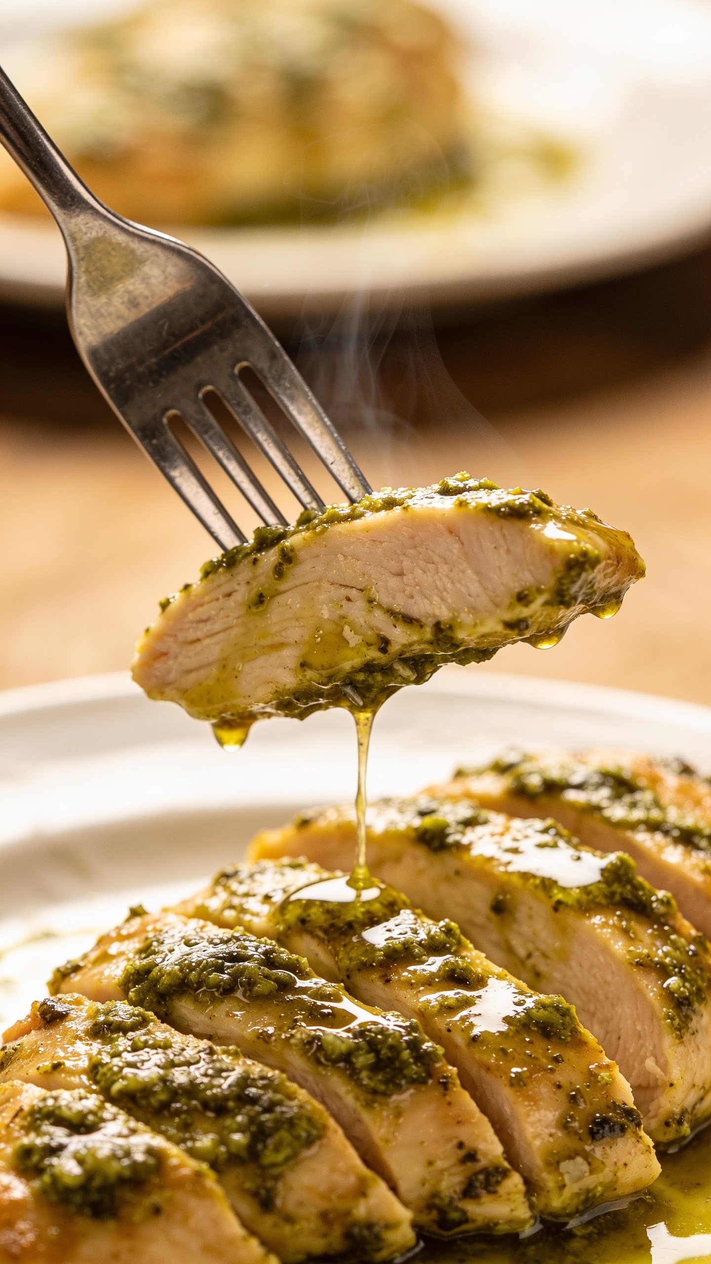 A dynamic, mouthwatering close-up action scene: a fork lifting a perfect bite of sliced pesto-coated chicken with a glossy sauce slowly gleaming on the edge, steam just barely rising, the plate blurred softly in the background, 90-95% food fill, shallow depth of field, premium food-blog styling, no hands or faces visible.