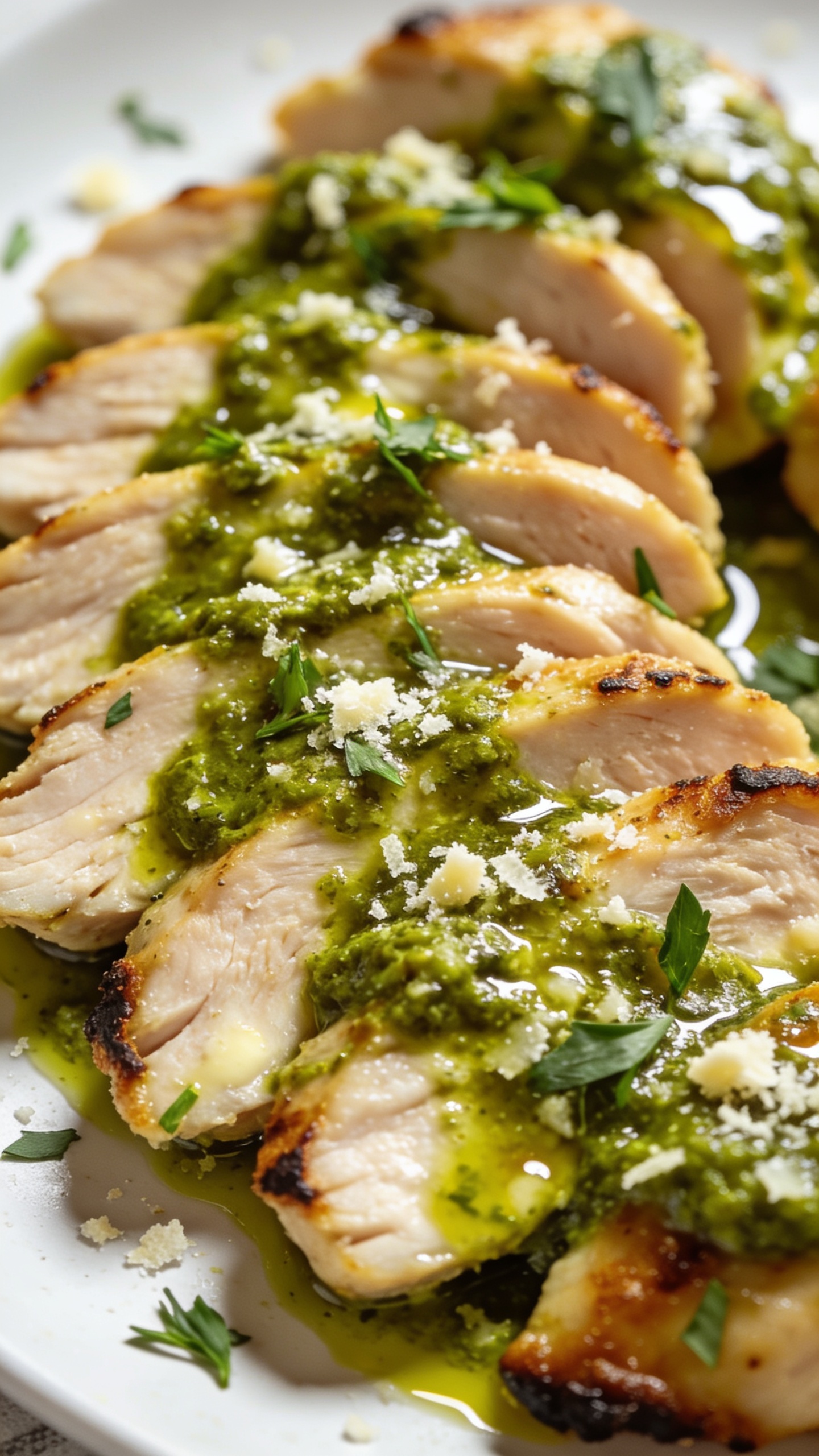 Close-up, ultra-close shot from a slightly angled top-down view of the finished dish: juicy chicken slices fanned across the plate, vibrant pesto glaze catching the light, melted Parmesan flecks, fresh herbs drifting onto the surface, a crisp edge texture visible, glossy sauce highlights, bright natural lighting, shallow depth of field, food filling the frame to emphasize texture and color.