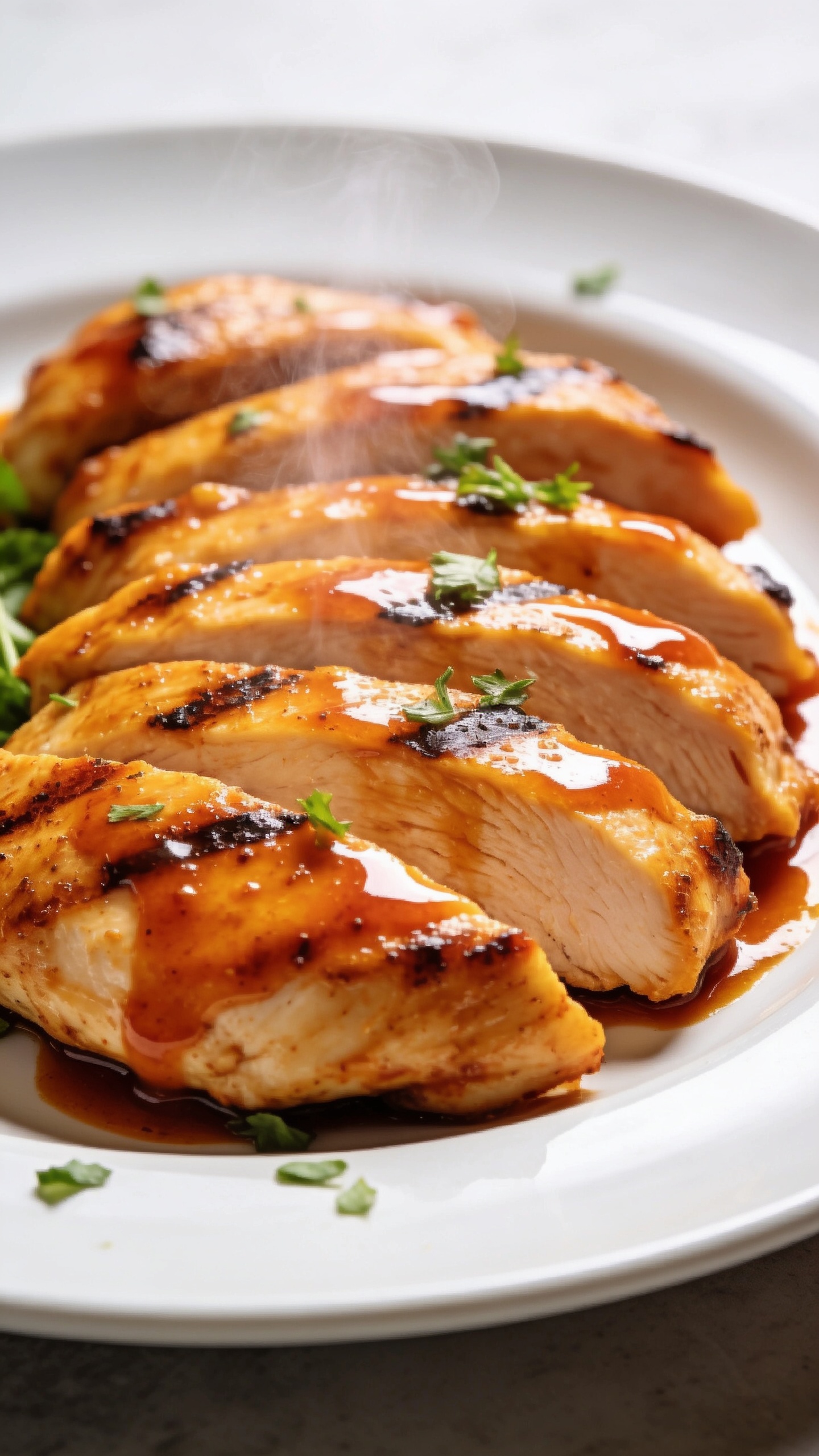 A stunning hero image of the finished High Protein Buffalo Grilled Chicken plated on a clean white plate with a glossy buffalo glaze, steam rising slightly, vibrant plate presentation, golden-brown chicken slices arranged neatly, subtle garnish of fresh herbs, natural bright light, shallow depth of field, the entire dish filling 90-95% of the frame, no hands or utensils visible.
