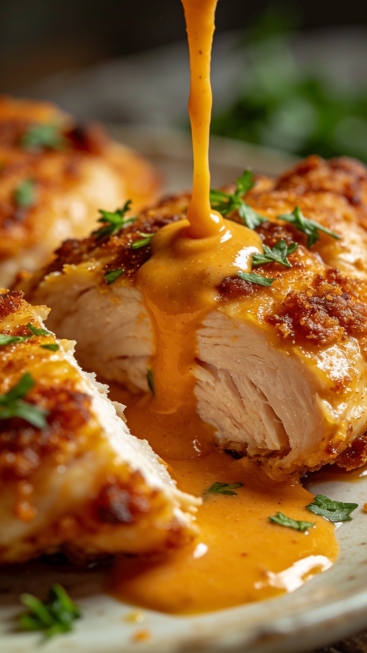 A ultra-close, close-up from a slightly oblique angle: the finished chicken showing juicy interior and crisp crust, a light drizzle of buffalo sauce cascading over the piece, fresh herbs gently scattered on top, rich textures, glossy sheen, vibrant color balance, shallow depth of field, 90-95% food fill, bright natural lighting, no hands or utensils.