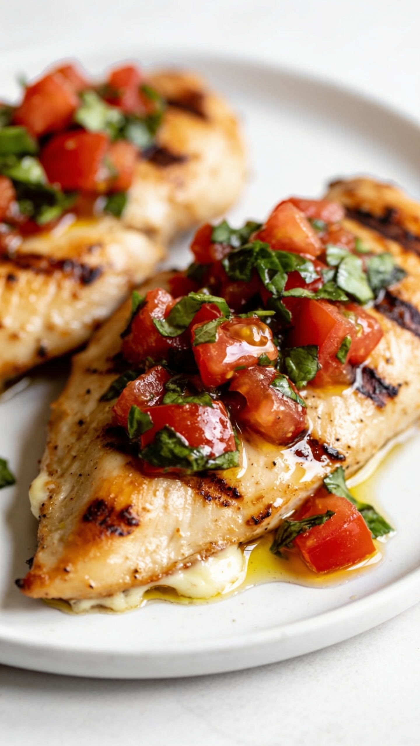 A dynamic, mouthwatering action shot: a fork lifting the perfect bite of the finished chicken, with glossy tomato-basil bruschetta and a drizzle of olive oil catching the light; the moment just before the bite, steam barely visible, ultra-close-up, shallow depth of field, no hands or faces, vibrant colors, food dominating the frame.
