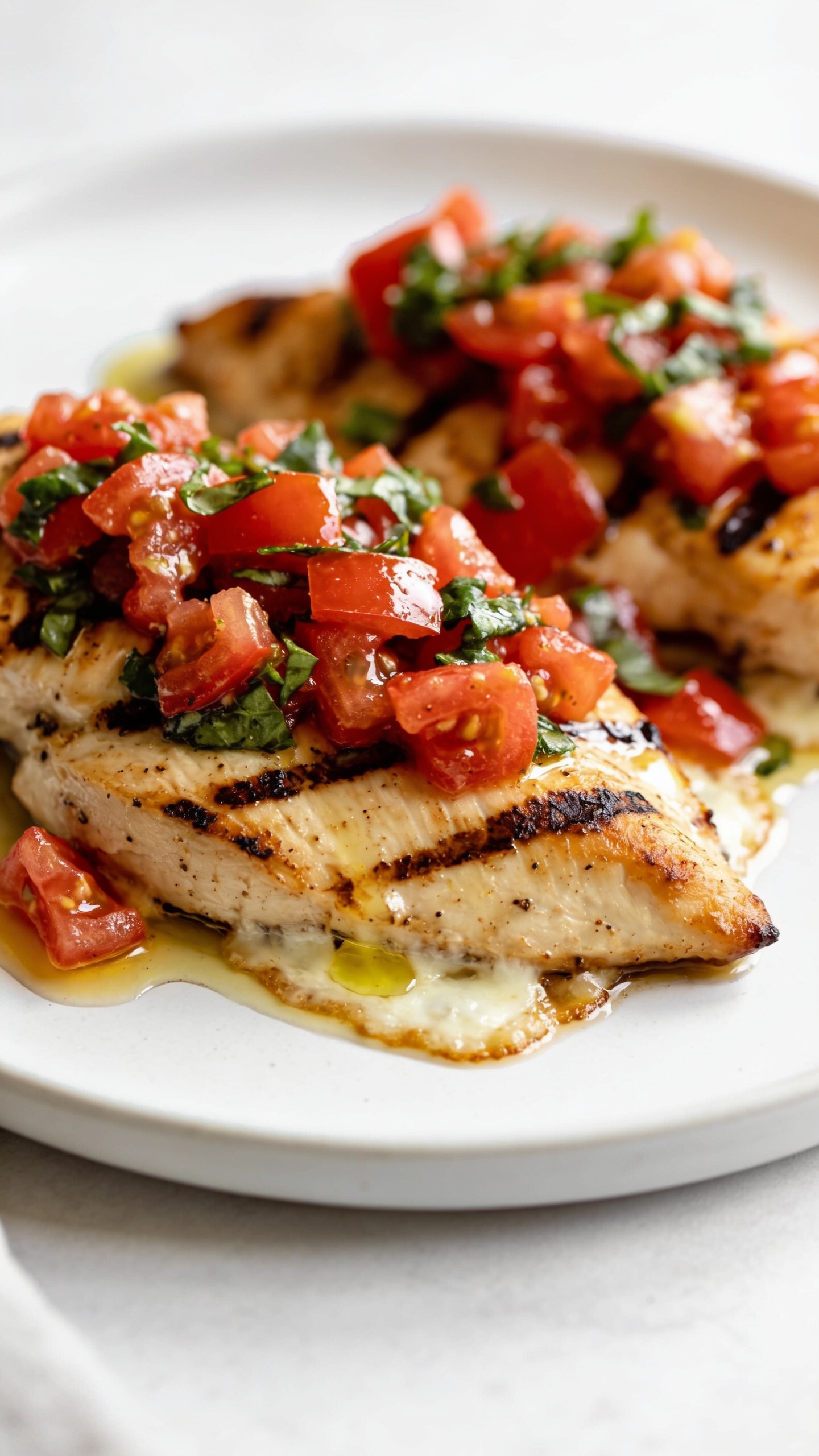Two ultra-close, close-up angles of the same finished dish in a premium food-photography style:
- Angle A: top-down macro shot highlighting crispy grilled edges, juicy interior, and brimming bruschetta toppings with basil and cherry tomato gloss; bright natural light, deep bokeh background.
- Angle B: angled side view focusing on the glistening sauce, melted cheese edge, and herbs falling as if freshly plated; 90â95% food in frame, shallow depth of field, high-contrast textures.