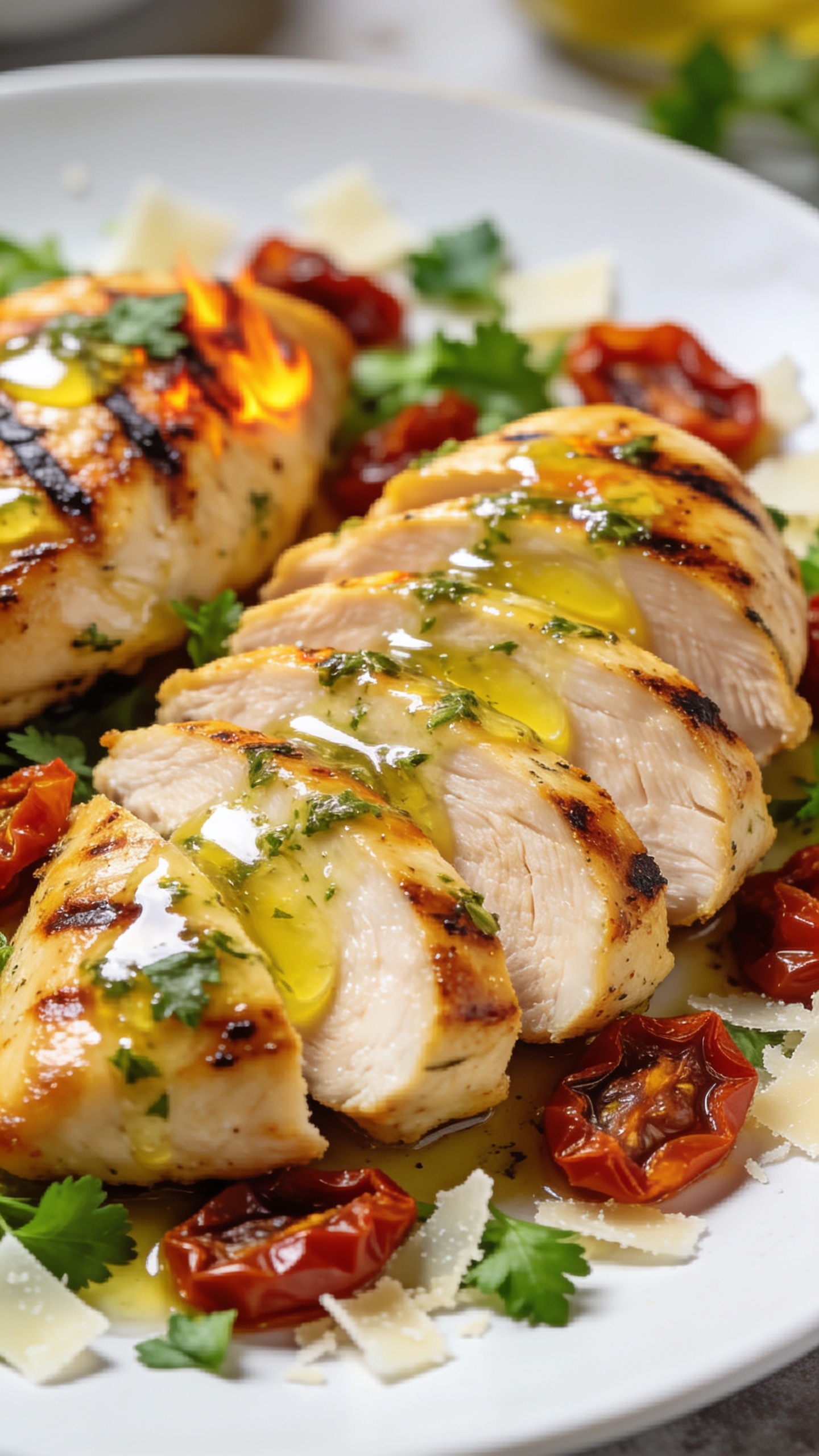 A stunning hero shot of the finished High Protein Tuscan Grilled Chicken plated on a white plate, golden flame-kissed chicken breasts sliced and fanned, glossy herb-lemon sauce glistening, sun-dried tomatoes scattered, fresh parsley and shaved Parmesan around the edges, bright natural light, shallow depth of field, vibrant colors, no text, 2-3 cm depth of field focusing on the juicy interior.