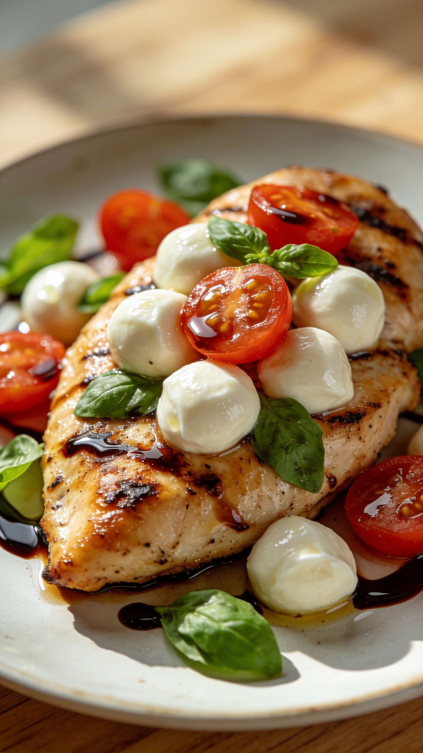 A stunning hero image of the finished High Protein Caprese Grilled Chicken plated elegantly: a plump grilled chicken breast topped with glossy mozzarella pearls and vibrant cherry tomato halves, basil leaves scattered, balsamic glaze glistening over the plate, plate setting on a light wooden surface with natural sunlight; the dish fills most of the frame, no people, ultra-close-up, shallow depth of field, rich textures and colors.