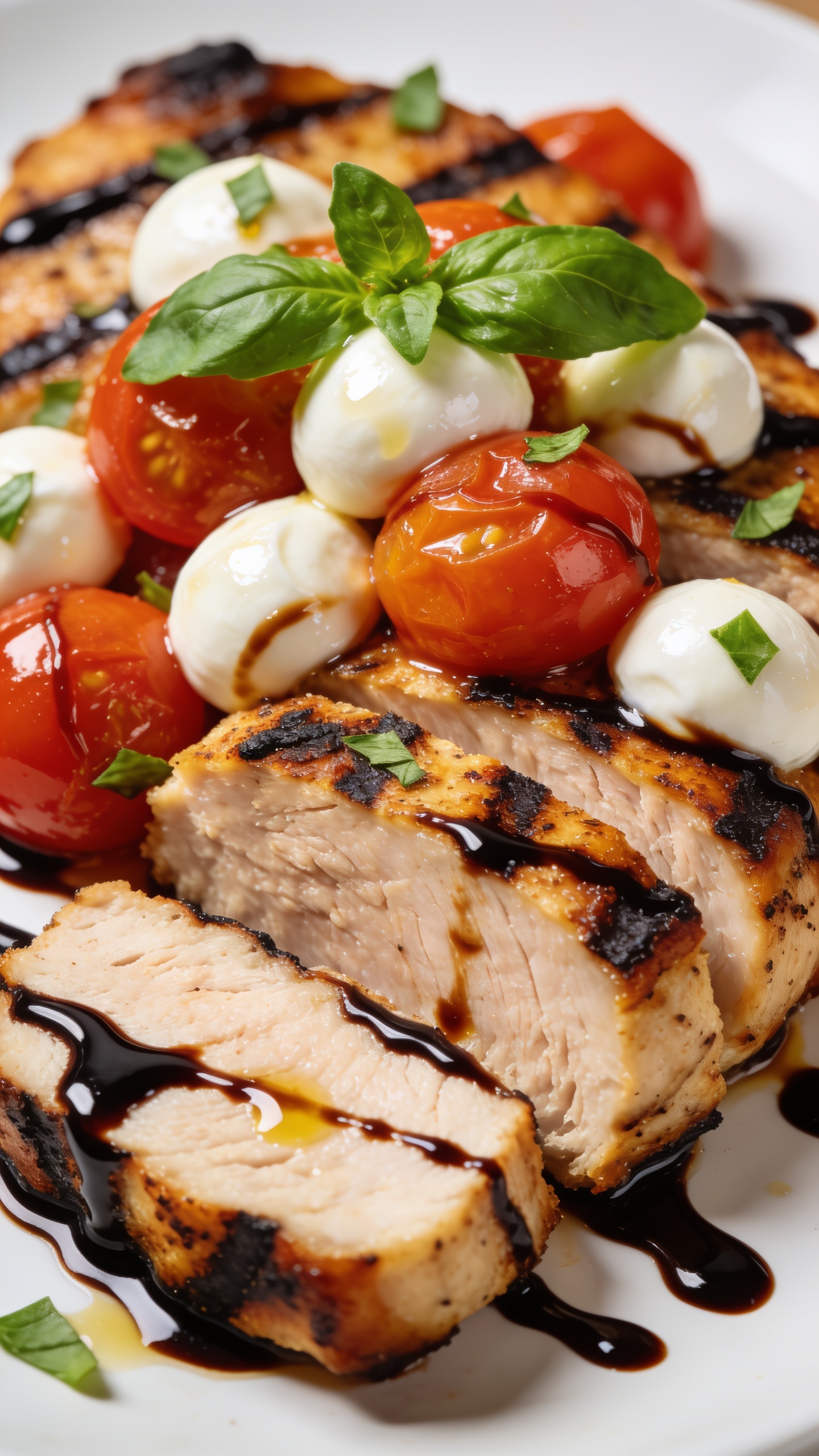 A second close-up from a different angle: the finished dish sliced to reveal moist interior with crisp grilled edges, a drizzle of balsamic glaze outlining the contours, mozzarella pearls creamy and shiny, tomatoes bursting with color, fresh basil shards perched on top, bright natural light highlighting juice and glaze, shallow depth of field, food occupying the majority of the frame, consistent look with the hero image.