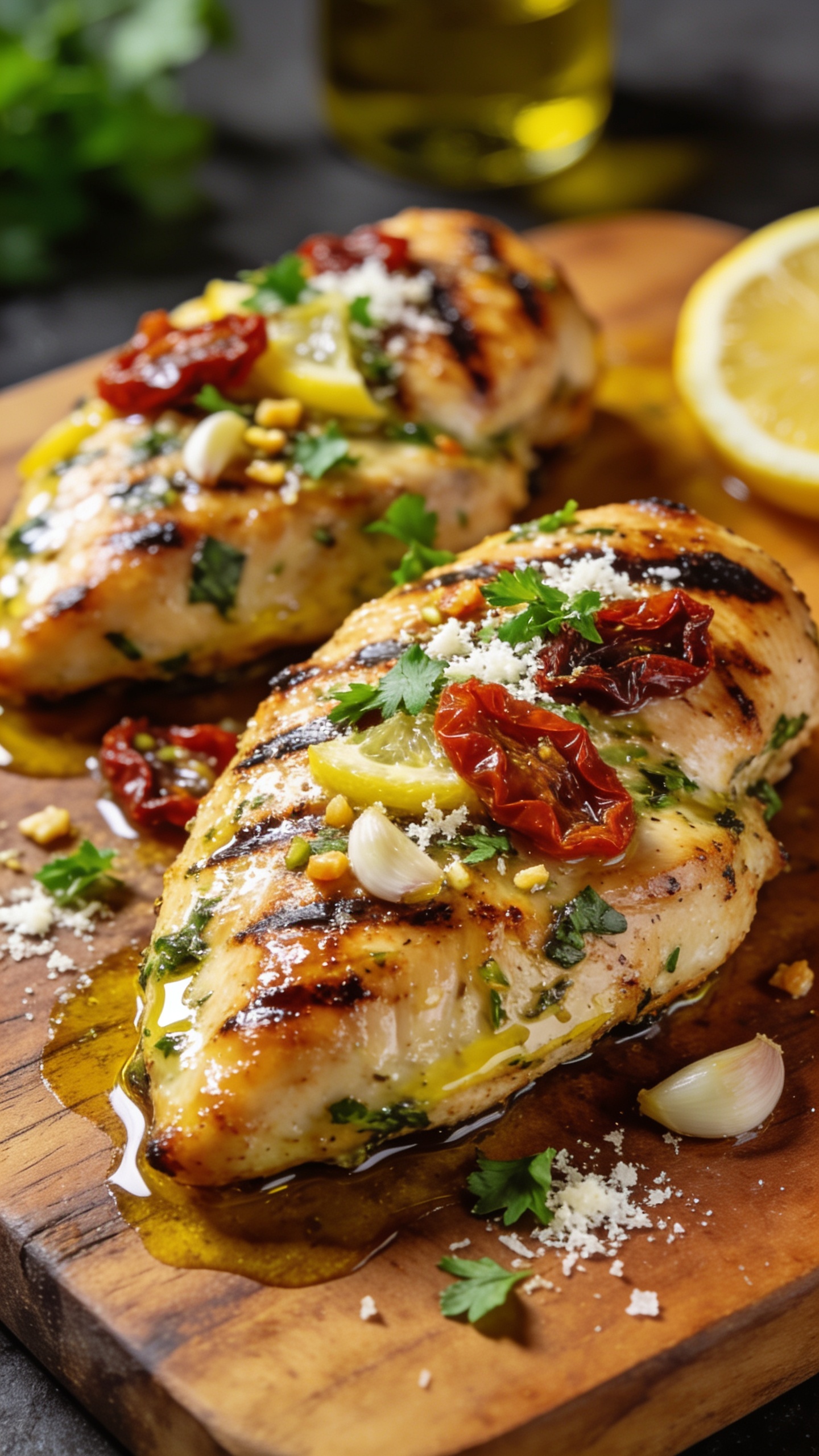 A close-up dynamic action shot: a fork lifting the perfect bite of grilled chicken with juicy fibers and melted lemon-garlic glaze, sun-dried tomato bits clinging, steam barely rising, parsley sparks, plate filling 90-95% of frame, ultra-close, bokeh background, bright natural lighting, no hands or faces visible.