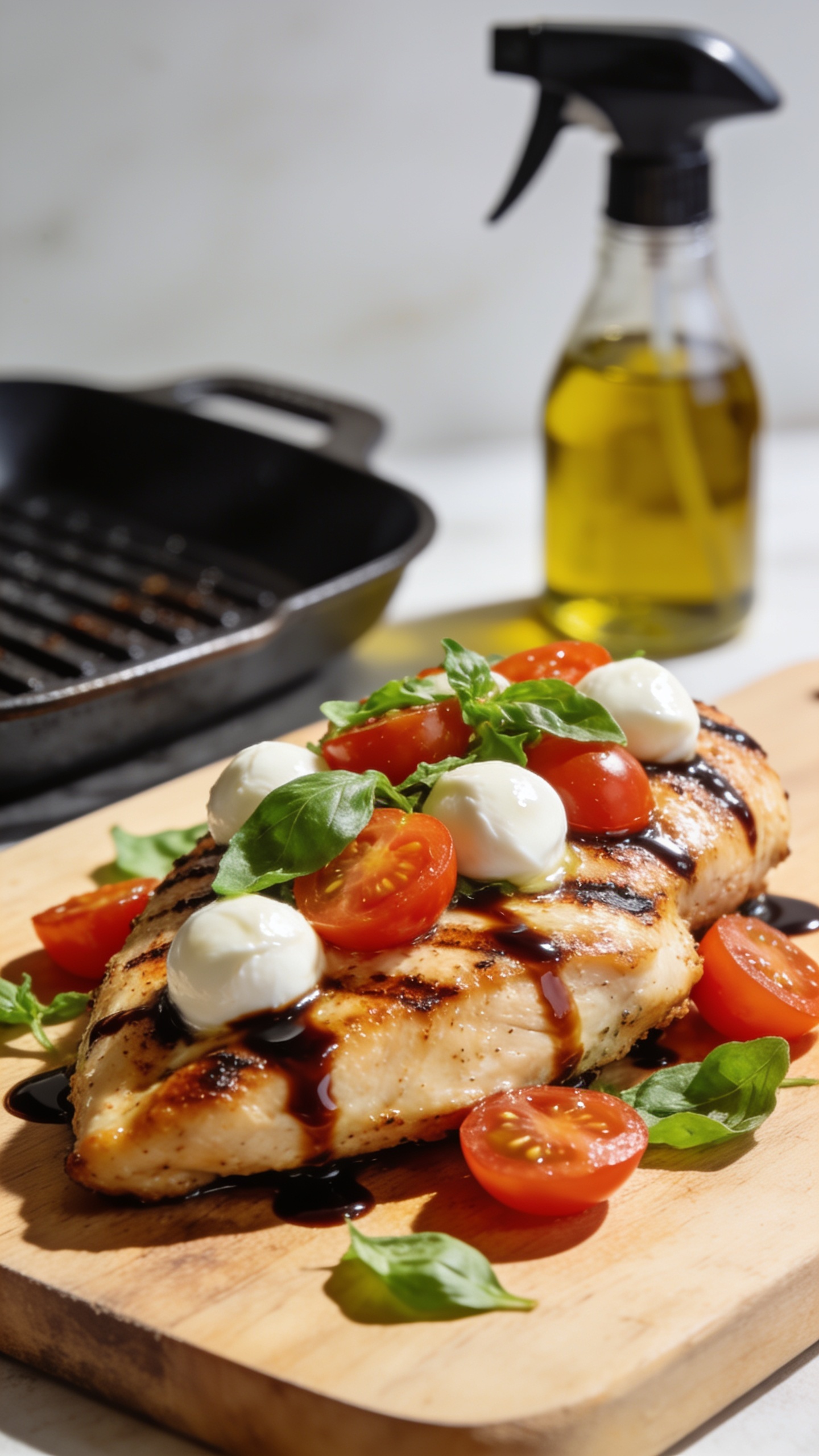 A dynamic close-up capturing the most irresistible bite moment: a fork lifting a juicy slice of grilled chicken with melted mozzarella stretching slightly, cherry tomatoes gleaming, basil leaves fluttering, balsamic glaze beads cascading, warm steam just subtly rising, plate and background softly blurred to emphasize the taut, glossy bite; no hands visible, 90â95% food in frame, premium food-blog styling.
